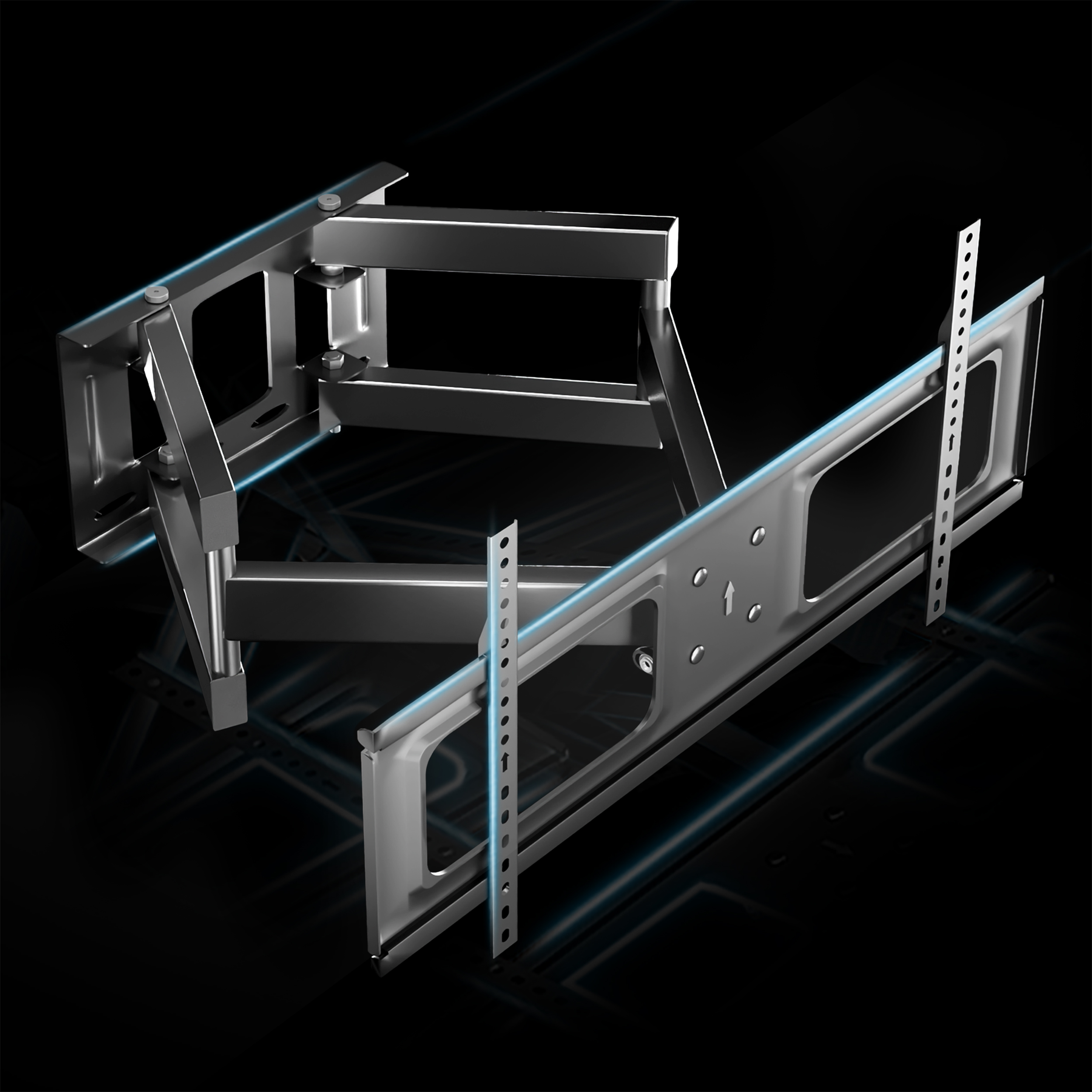 Uchwyt ścienny do TV w ciemnym otoczeniu z niebieskimi akcentami świetlnymi, design.