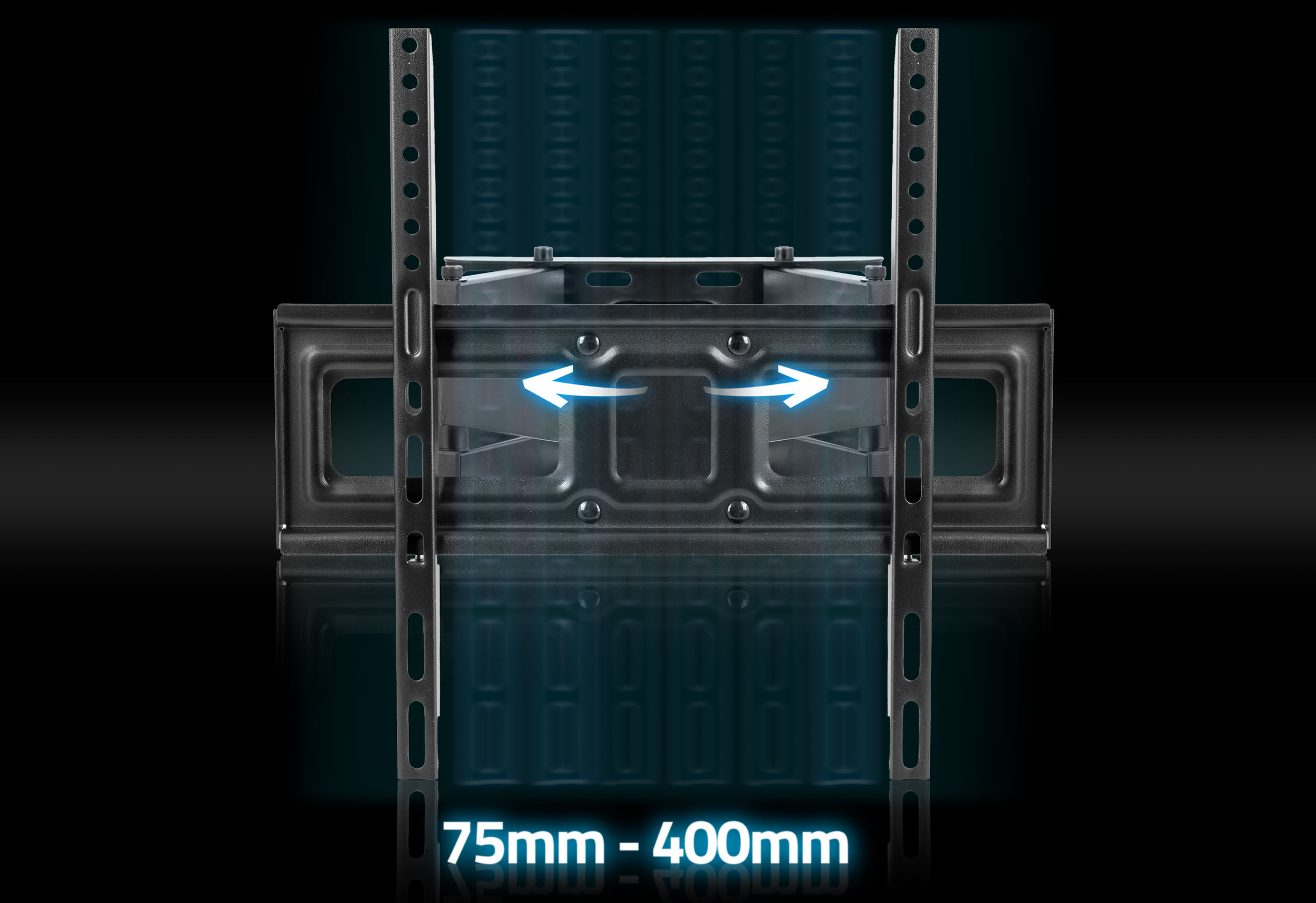 Czarny uchwyt ścienny do TV ze strzałkami pokazującymi ruch poziomy. Zakres 75mm-400mm wskazany.