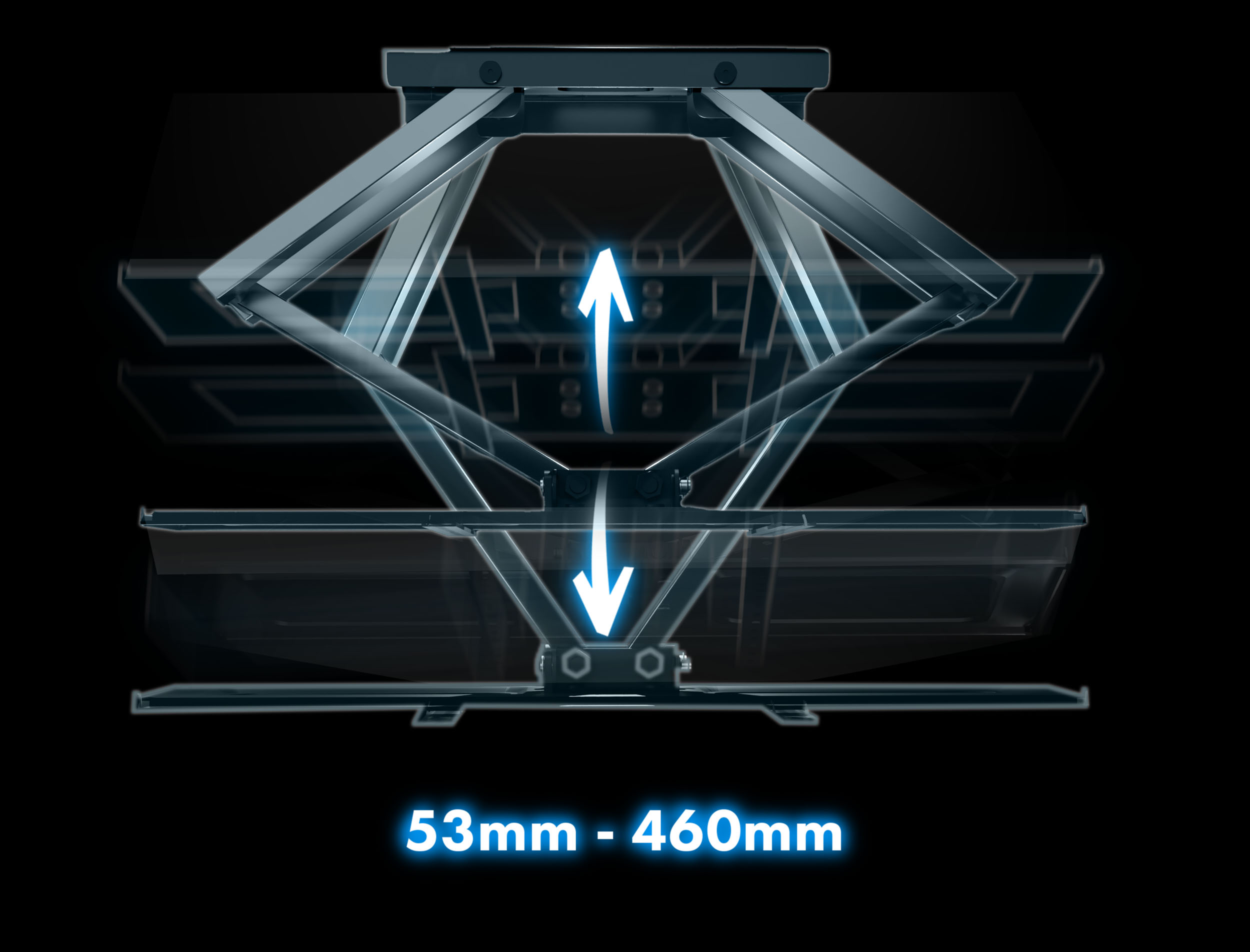 Czarny uchwyt ścienny do TV ze strzałkami wskazującymi ruch pionowy. Zakres ruchu wynosi 53mm-460mm.