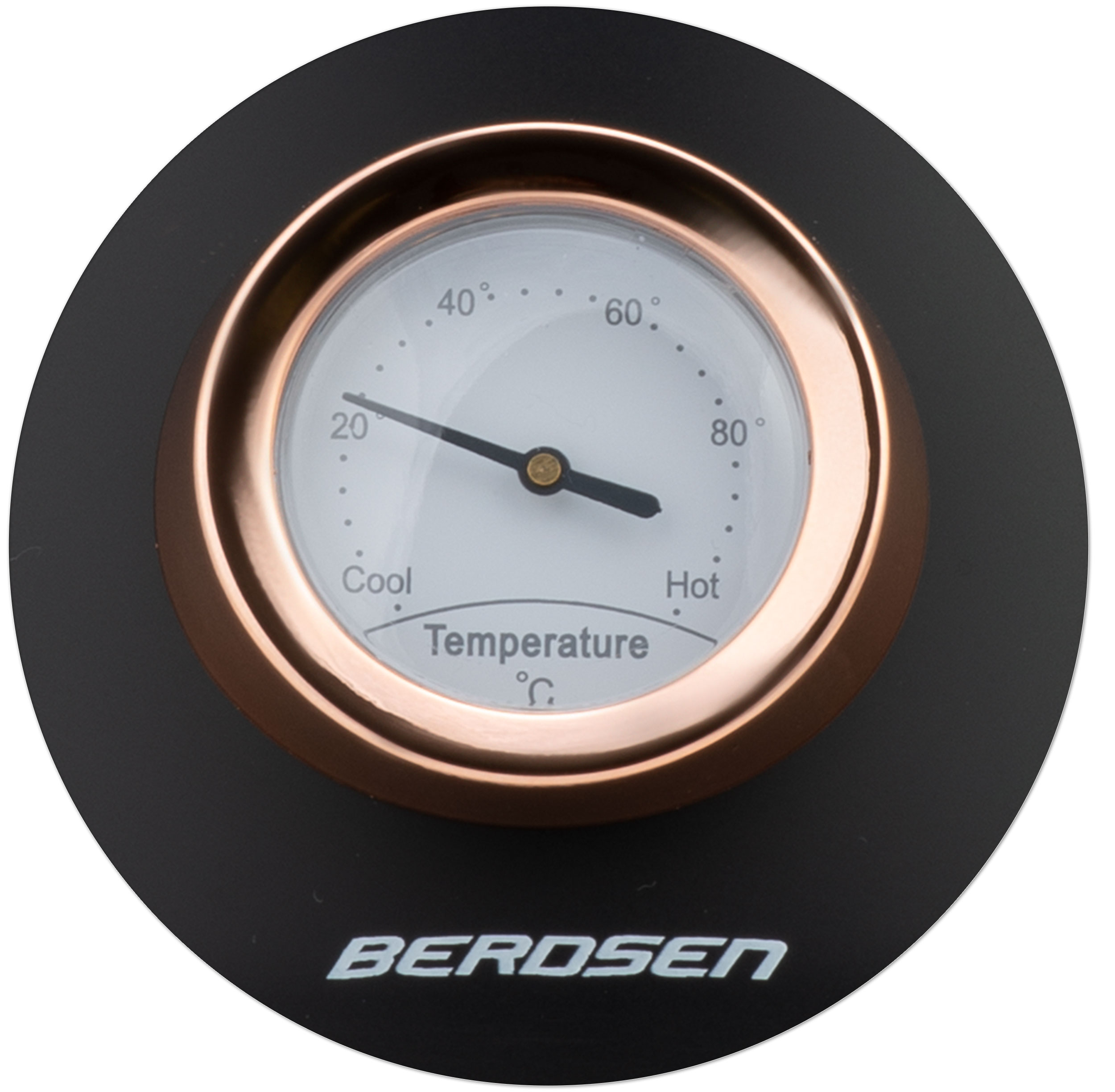 Czarny, okrągły wskaźnik temperatury z miedzianą ramą. Temperatura wynosi od 20 do 80 stopni.