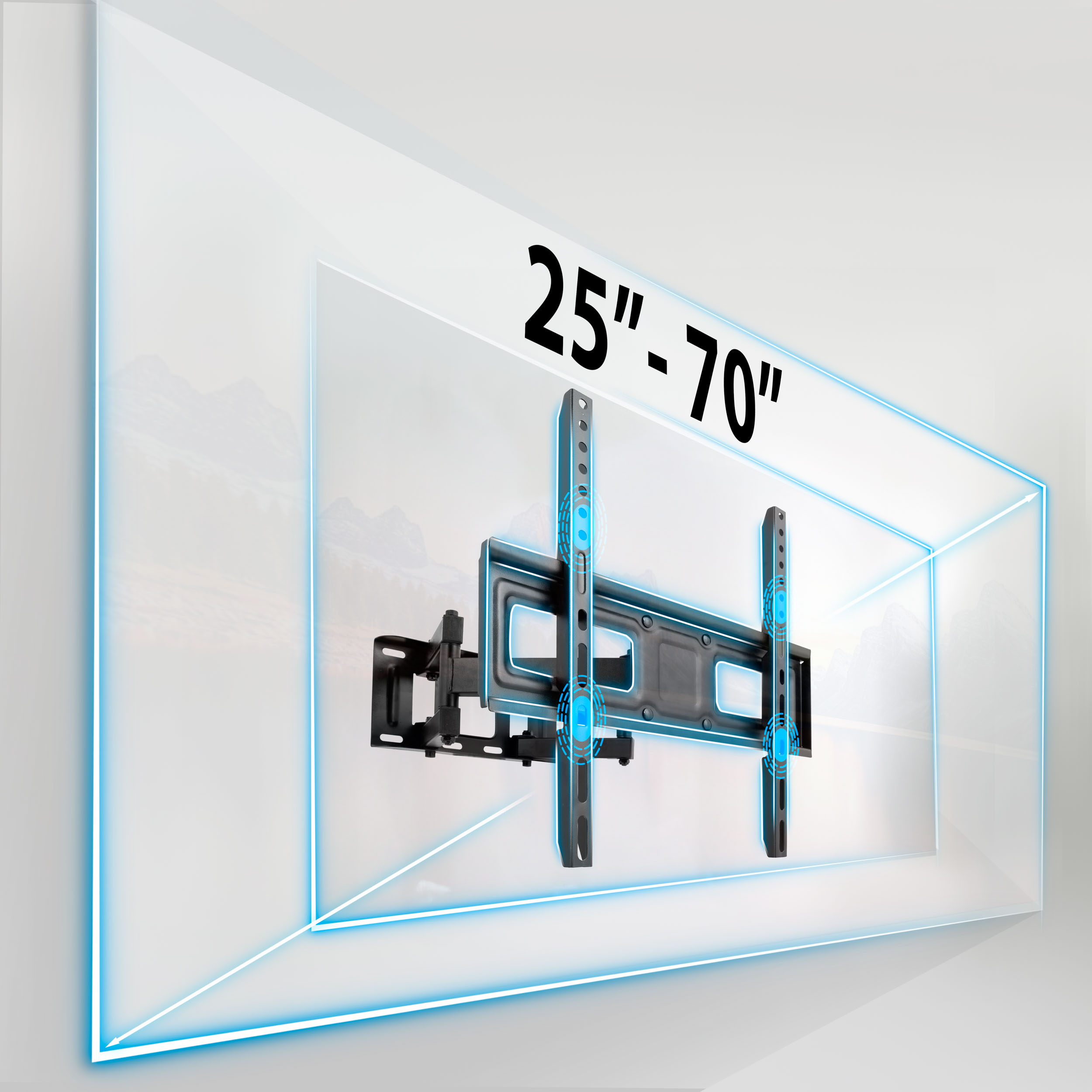 Uchwyt ścienny do TV w pudełku, z zakresem rozmiarów 25"-70" na białym tle.