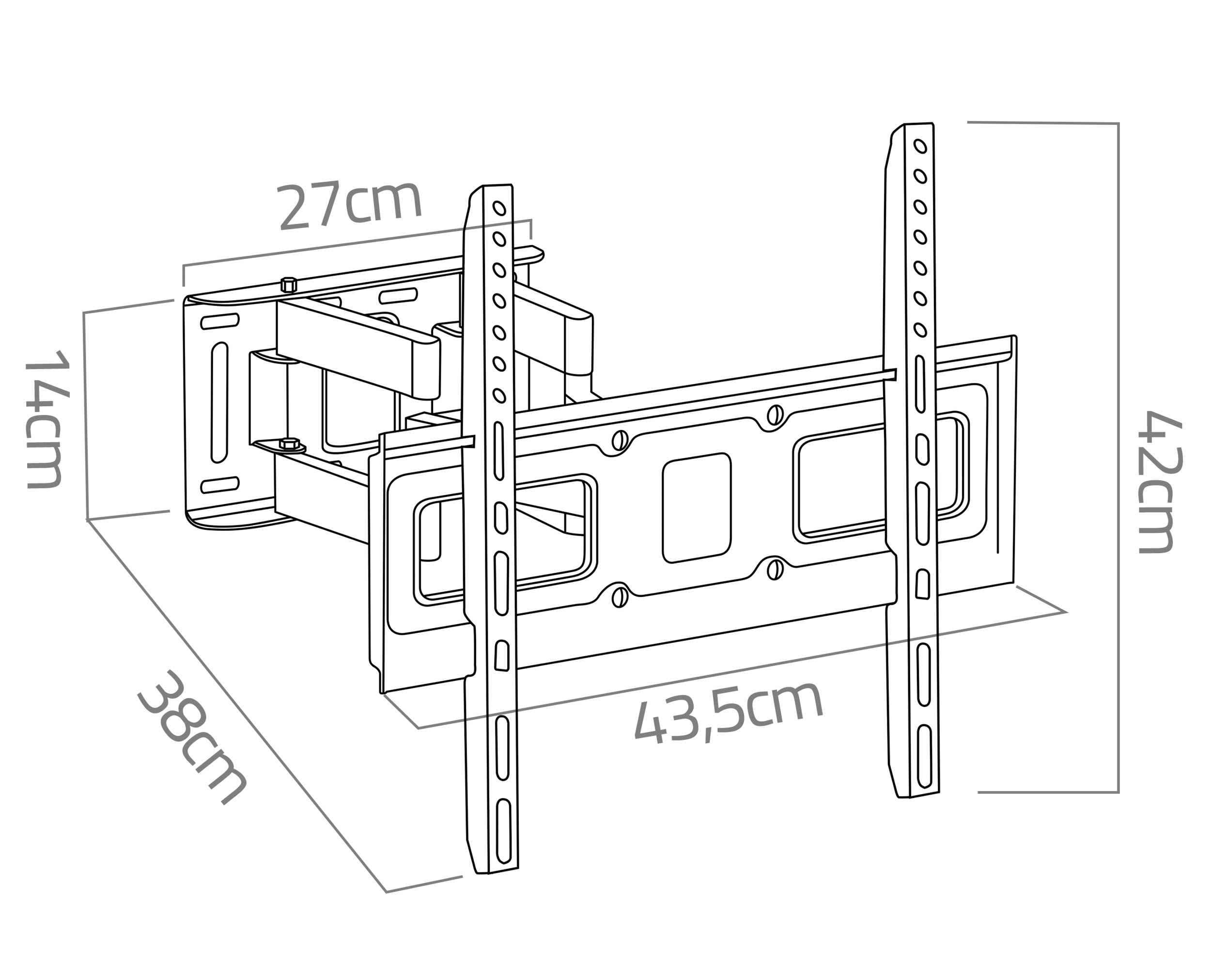 Czarno-biały rysunek techniczny uchwytu TV z wymiarami w cm.