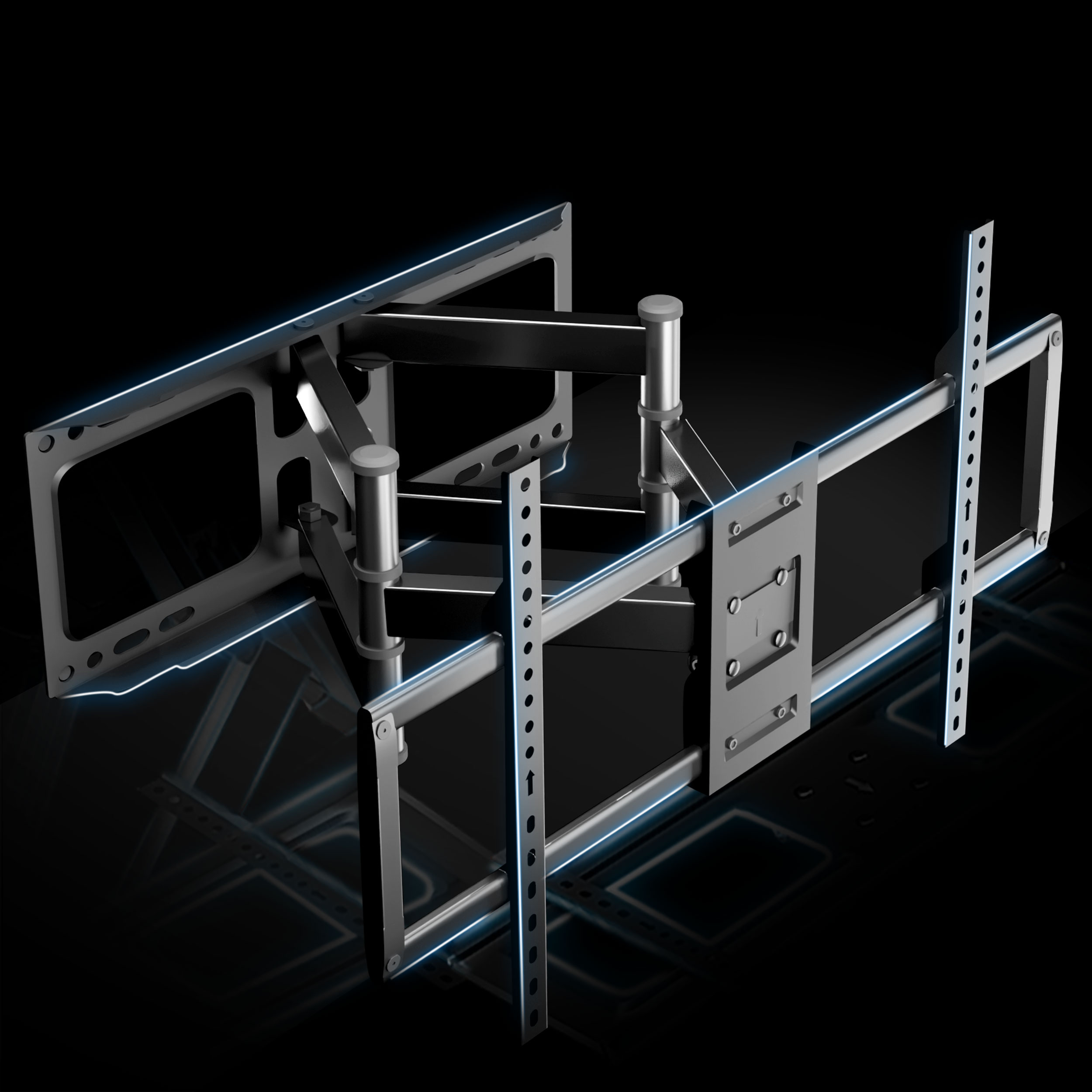 Czarny uchwyt ścienny do TV, z niebieskim obrysem, pokazujący różne przeguby i możliwe pozycje.