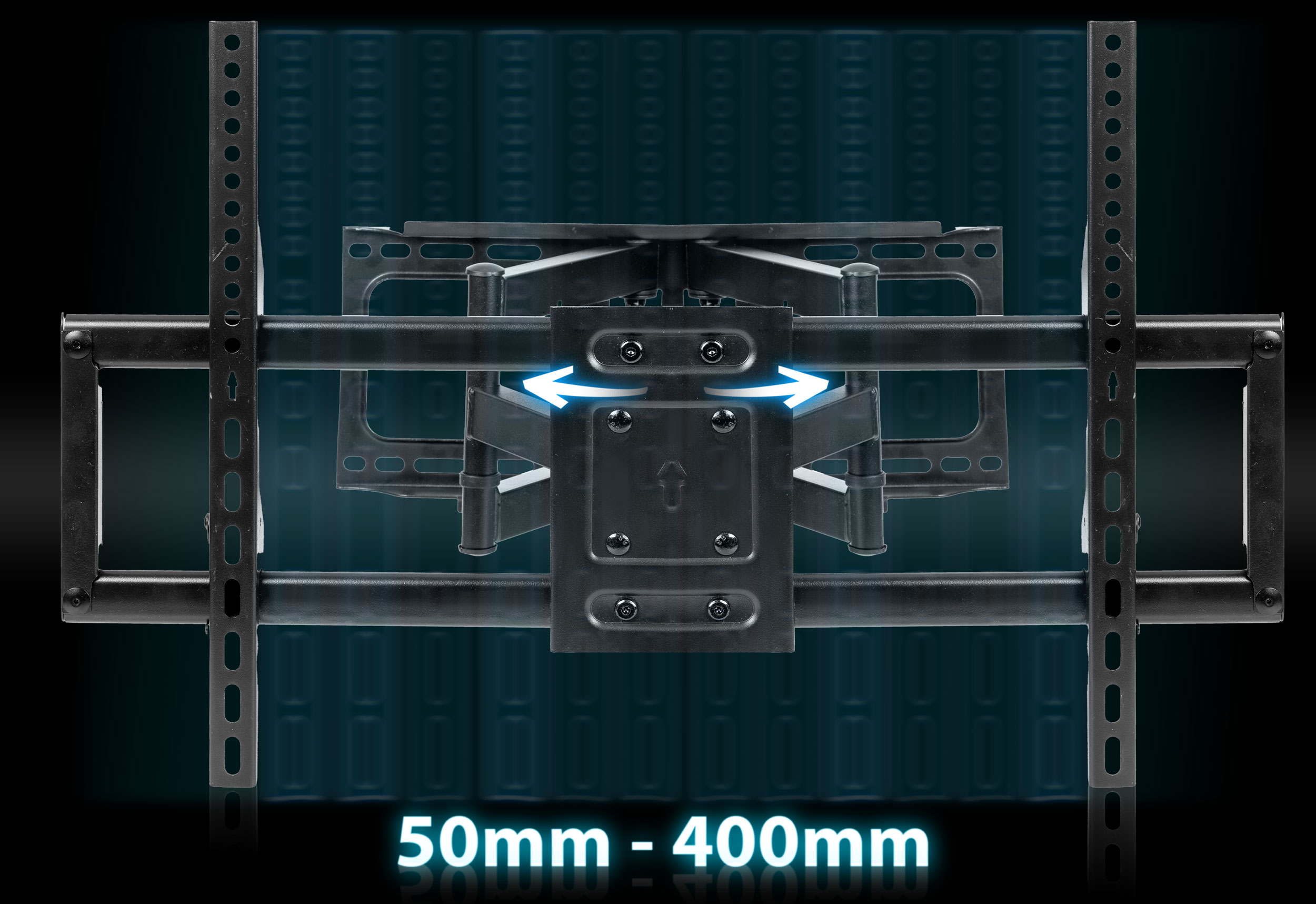 Uchwyt ścienny do TV, ze strzałkami ruchu poziomego. Oznaczone 50mm-400mm, ciemnoniebieskie tło.
