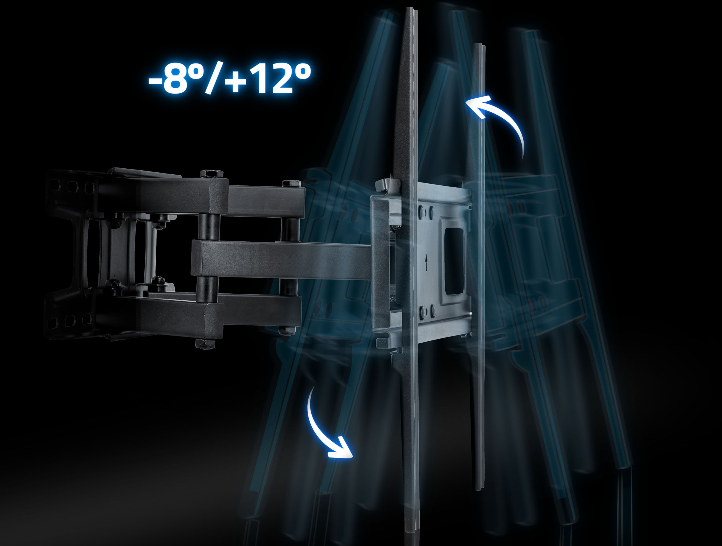Czarny uchwyt ścienny do TV ze strzałkami pokazującymi pochylenie, od -8 do +12 stopni.