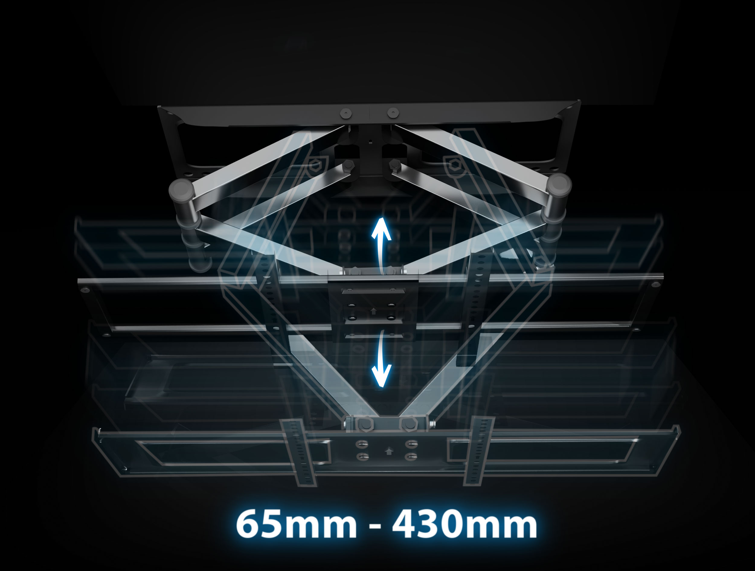 Uchwyt TV, regulowany, czarny. Strzałki wskazują ruch. Pokazuje 65mm-430mm.