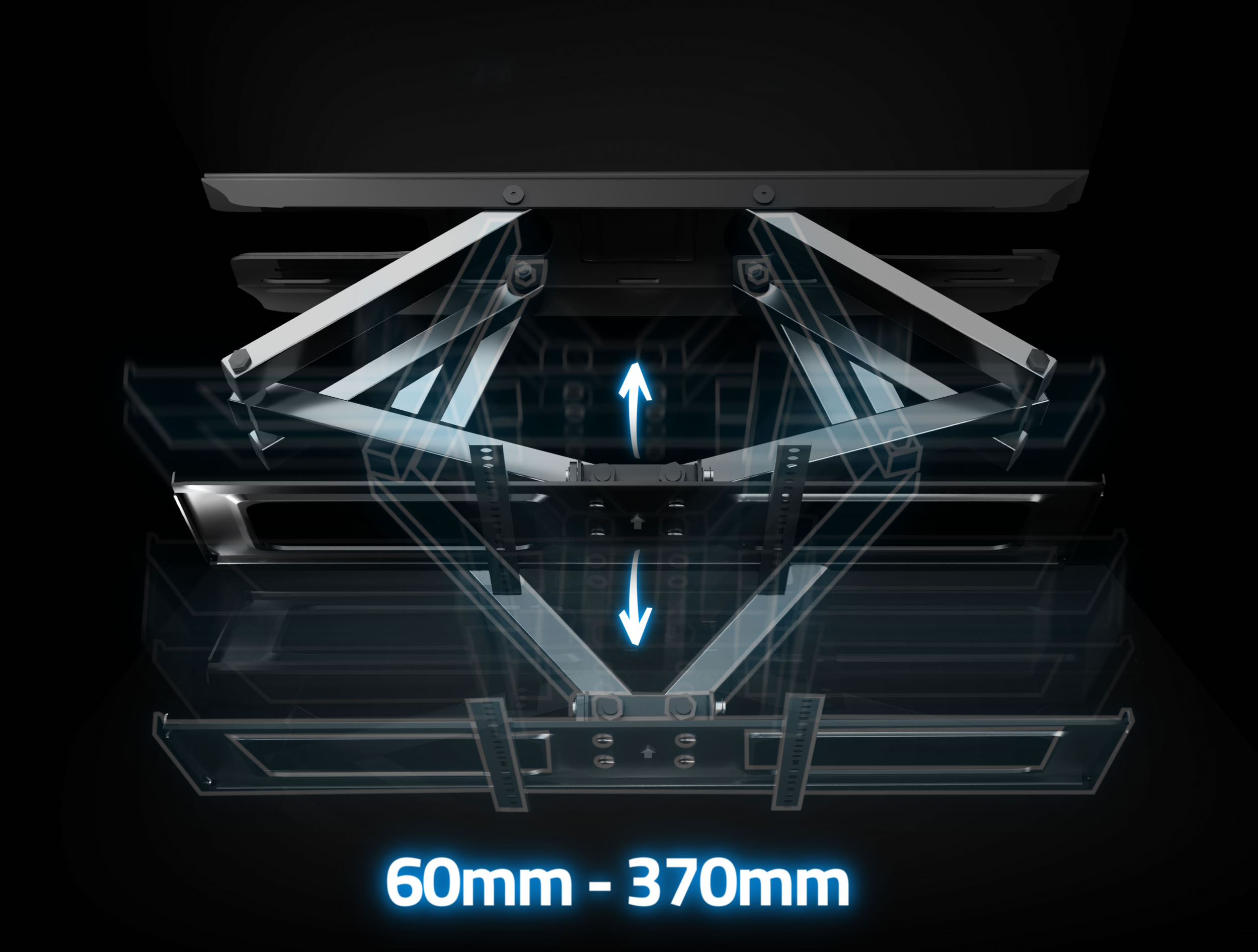 Uchwyt TV, regulowany, czarny. Strzałki wskazują ruch. Pokazuje 60mm-370mm.