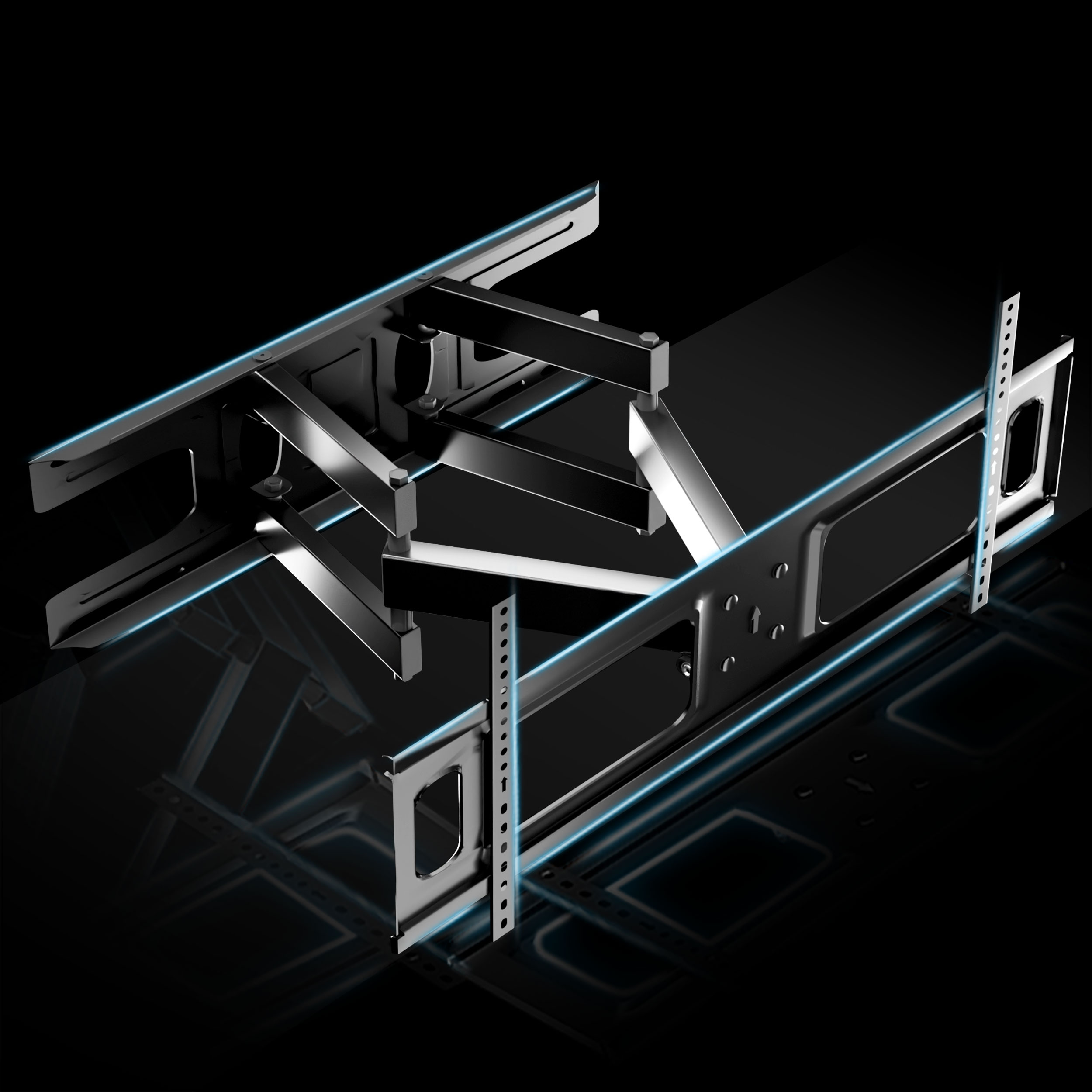 Uchwyt TV, czarny, z niebieskimi liniami. Projekt pokazano na czarnym tle.