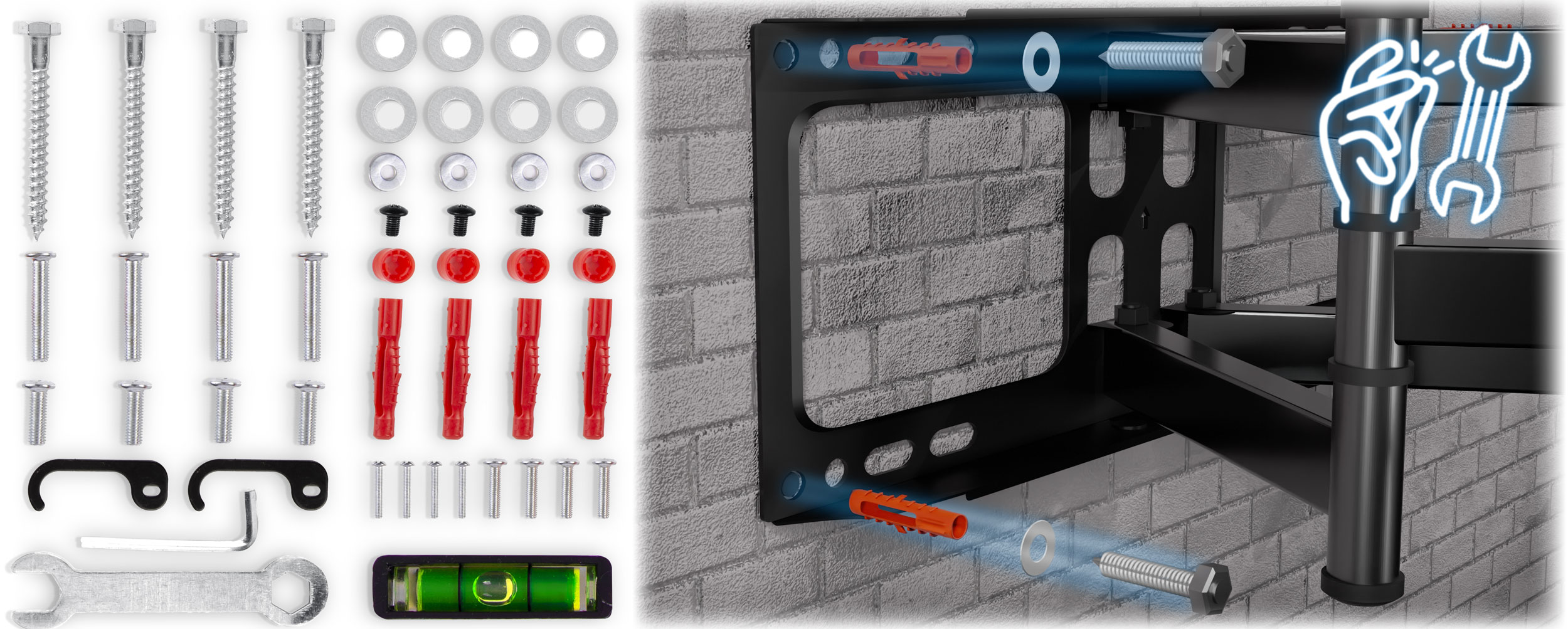 Zestaw akcesoriów do uchwytu ściennego do TV, narzędzi i instrukcji instalacji, z ceglaną ścianą w tle.