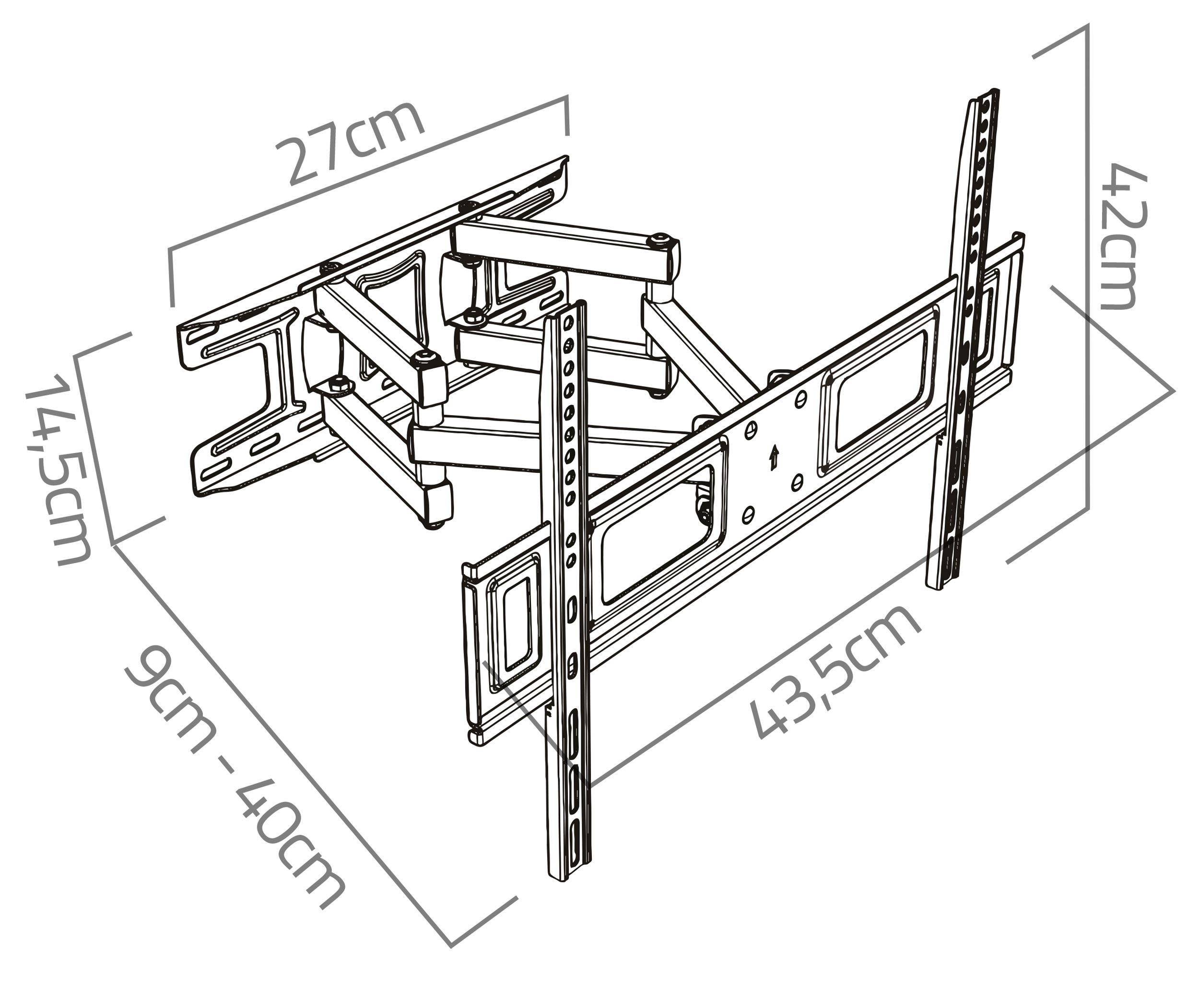 Uchwyt ścienny do TV z wymiarami. Czarny i srebrny, z wymiarami w centymetrach.