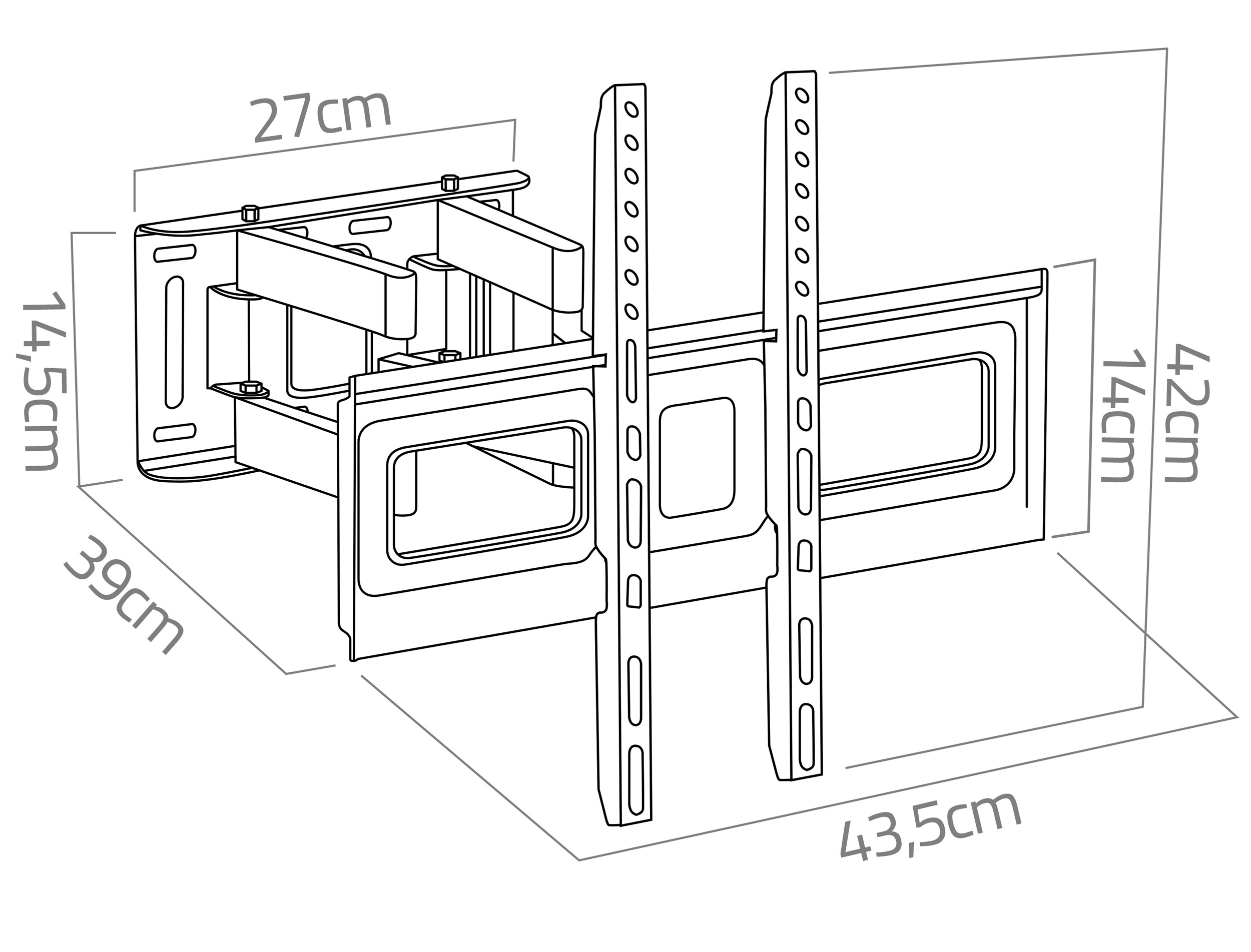 Uchwyt ścienny do TV z wymiarami. Czarny i srebrny, z wymiarami w centymetrach.