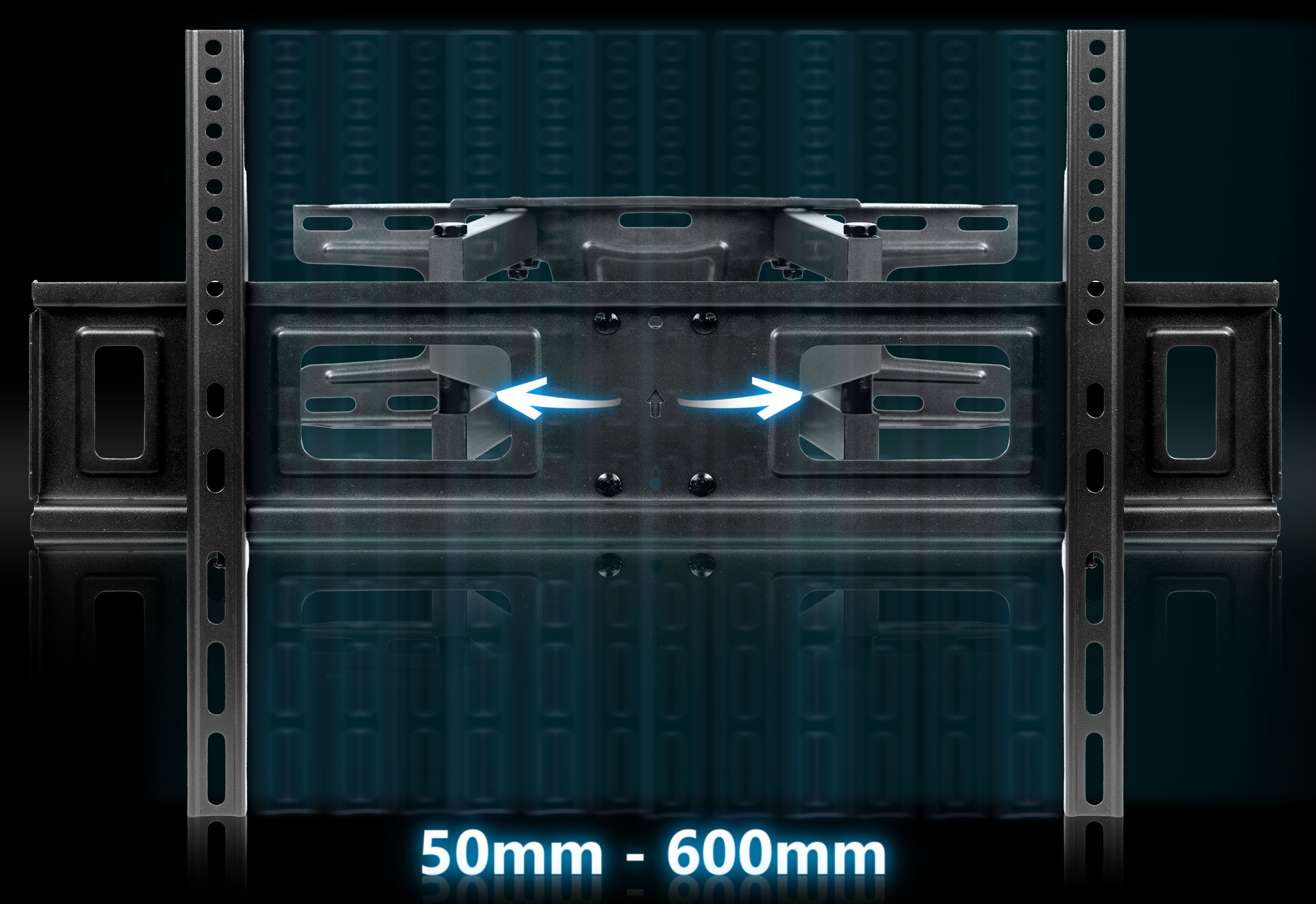 Uchwyt ścienny do TV, czarny. Strzałki wskazują ruch. Zakres to 50mm - 600mm.