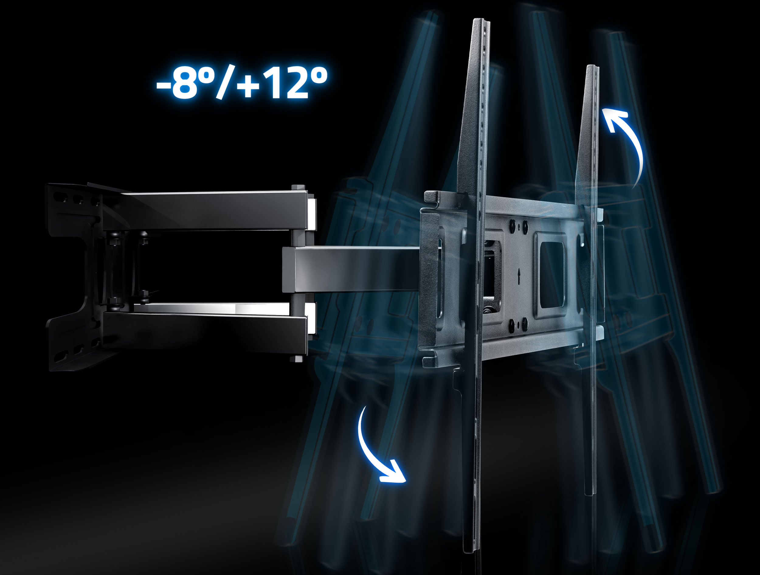 Czarny uchwyt ścienny do telewizora ze strzałkami wskazującymi ruch. Wyświetlane są stopnie -8 i +12. Czarne tło.