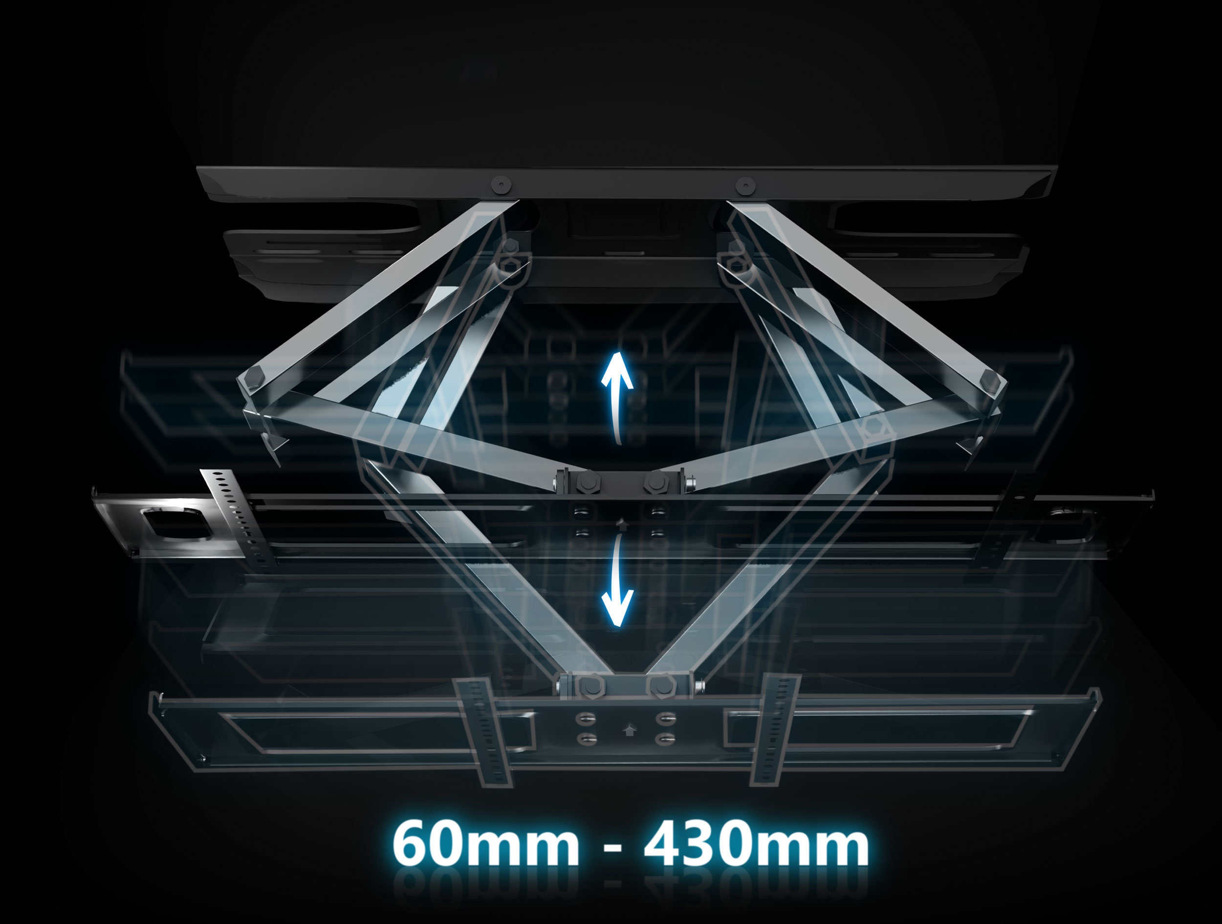 Uchwyt TV, regulowany, czarny. Strzałki wskazują ruch. Pokazuje 60mm-430mm.