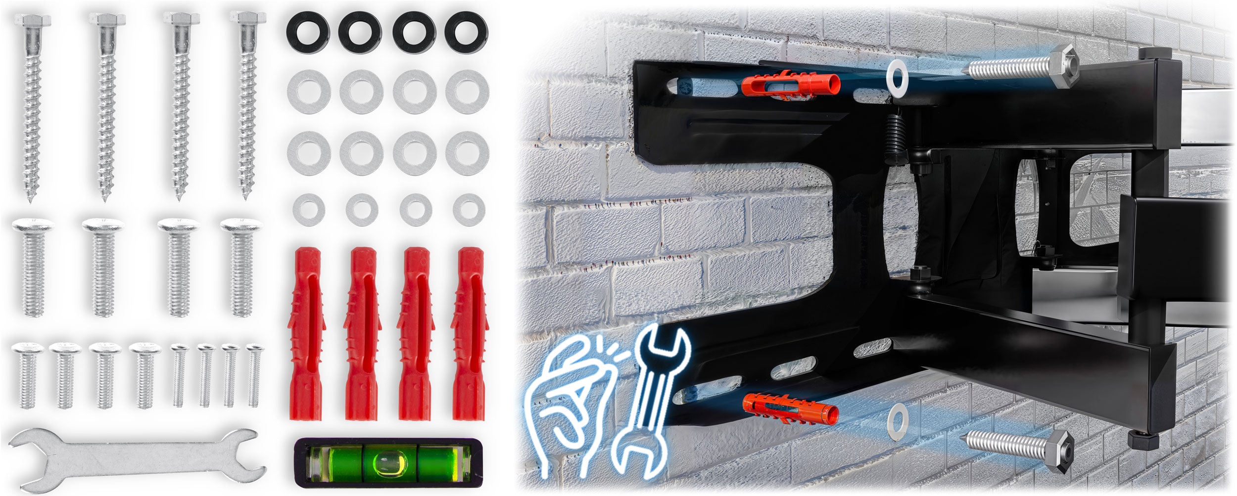 Różne śruby, podkładki, czerwone kołki, klucz i poziomica. Uchwyt do telewizora na tle ceglanej ściany.