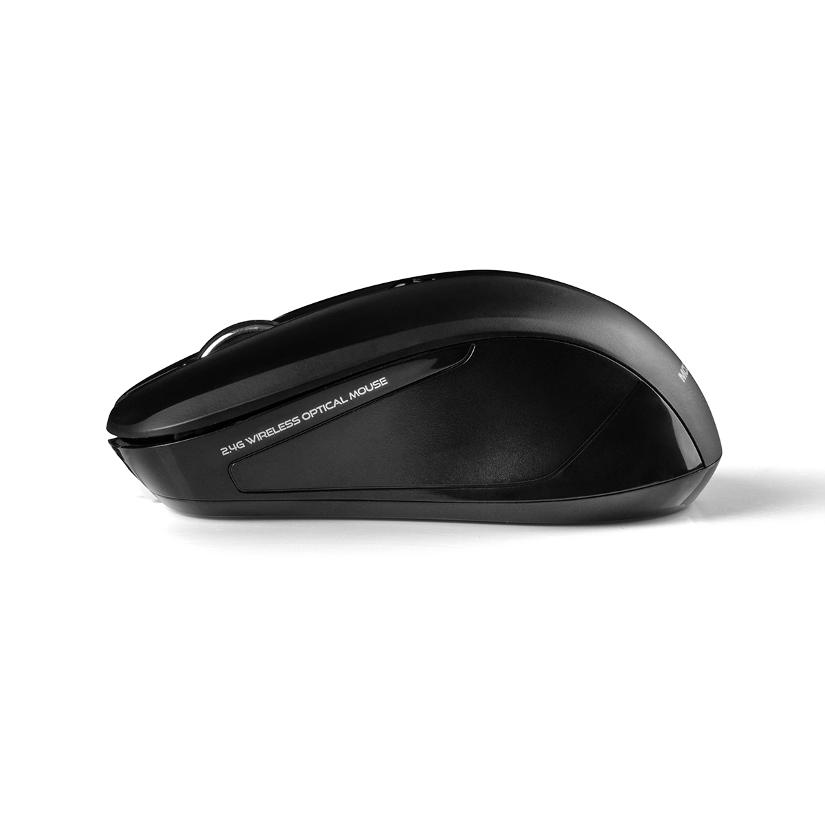 Czarna bezprzewodowa mysz optyczna z napisem '2.4G WIRELESS OPTICAL MOUSE' na białym tle.
