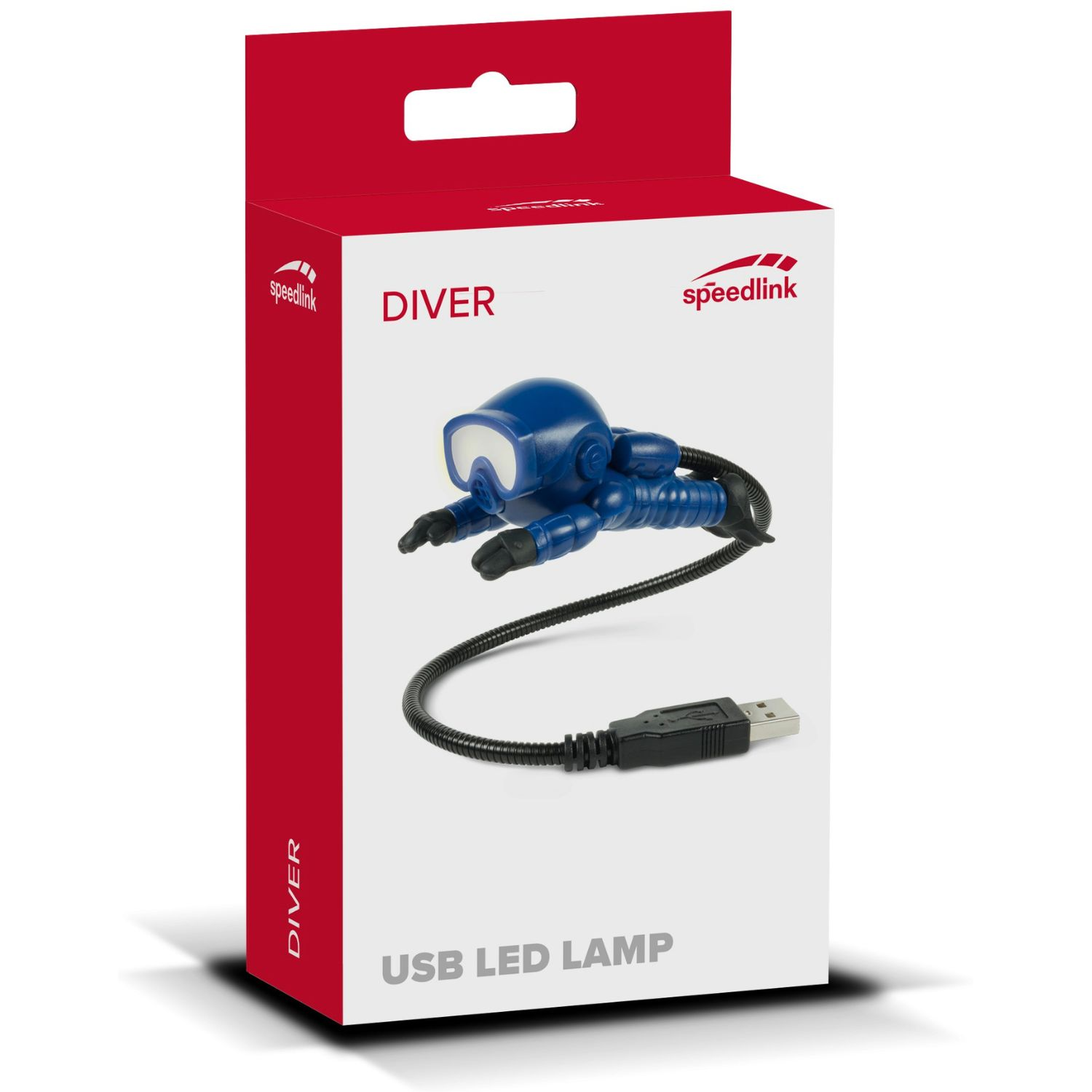 Eine Speedlink Diver USB LED Lampenbox zeigt einen blauen Taucher mit einem USB-Kabel.
