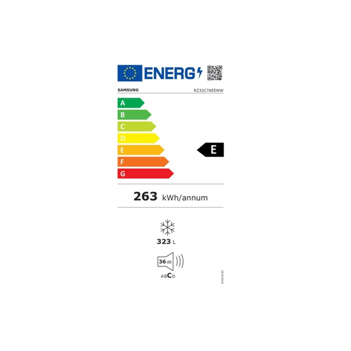 Energielabel. Zeigt Energieeffizienz E, 263 kWh/Jahr, 323 L, 36 dB.