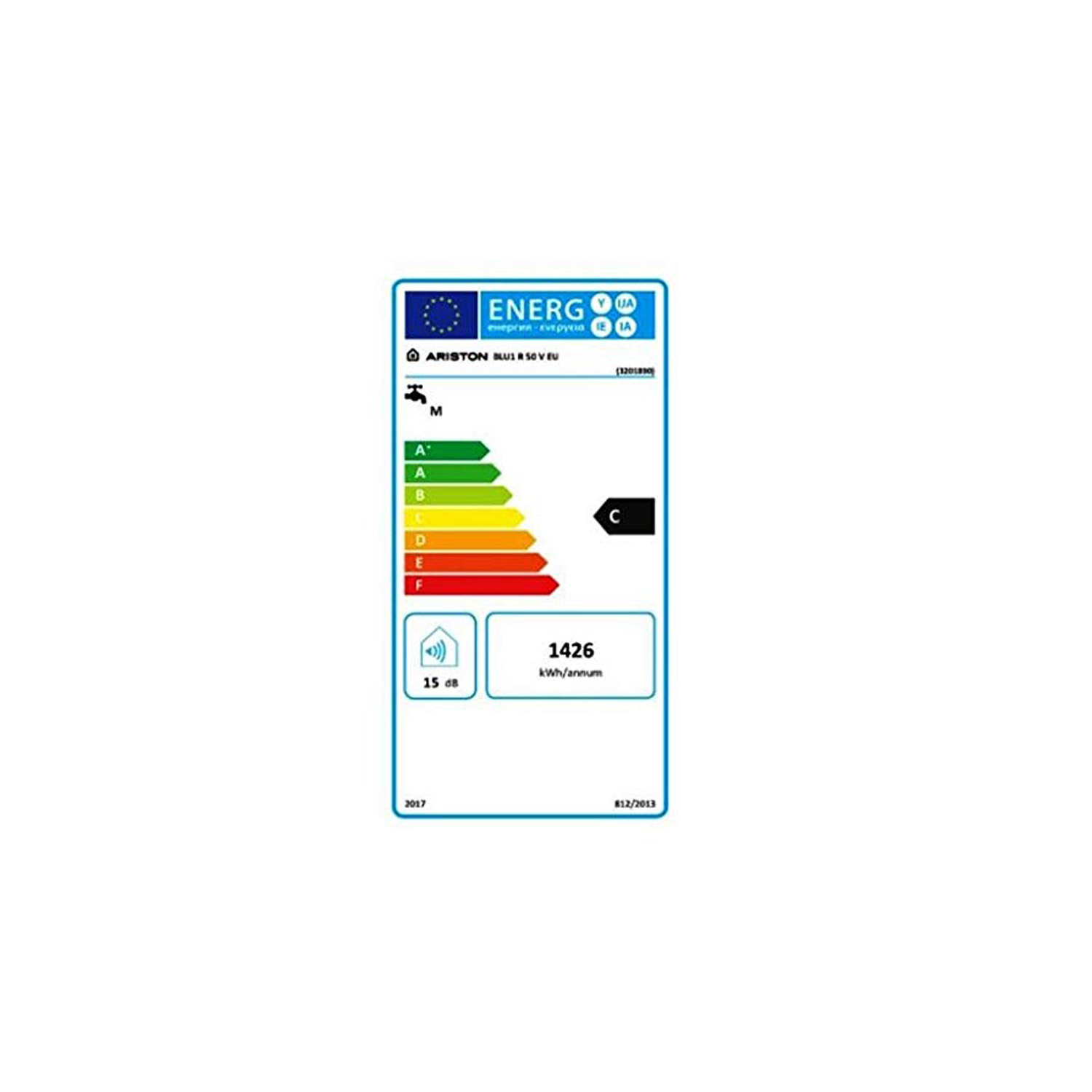 Etichetta energetica per uno scaldabagno. Mostra la classe di efficienza energetica e altri dettagli.