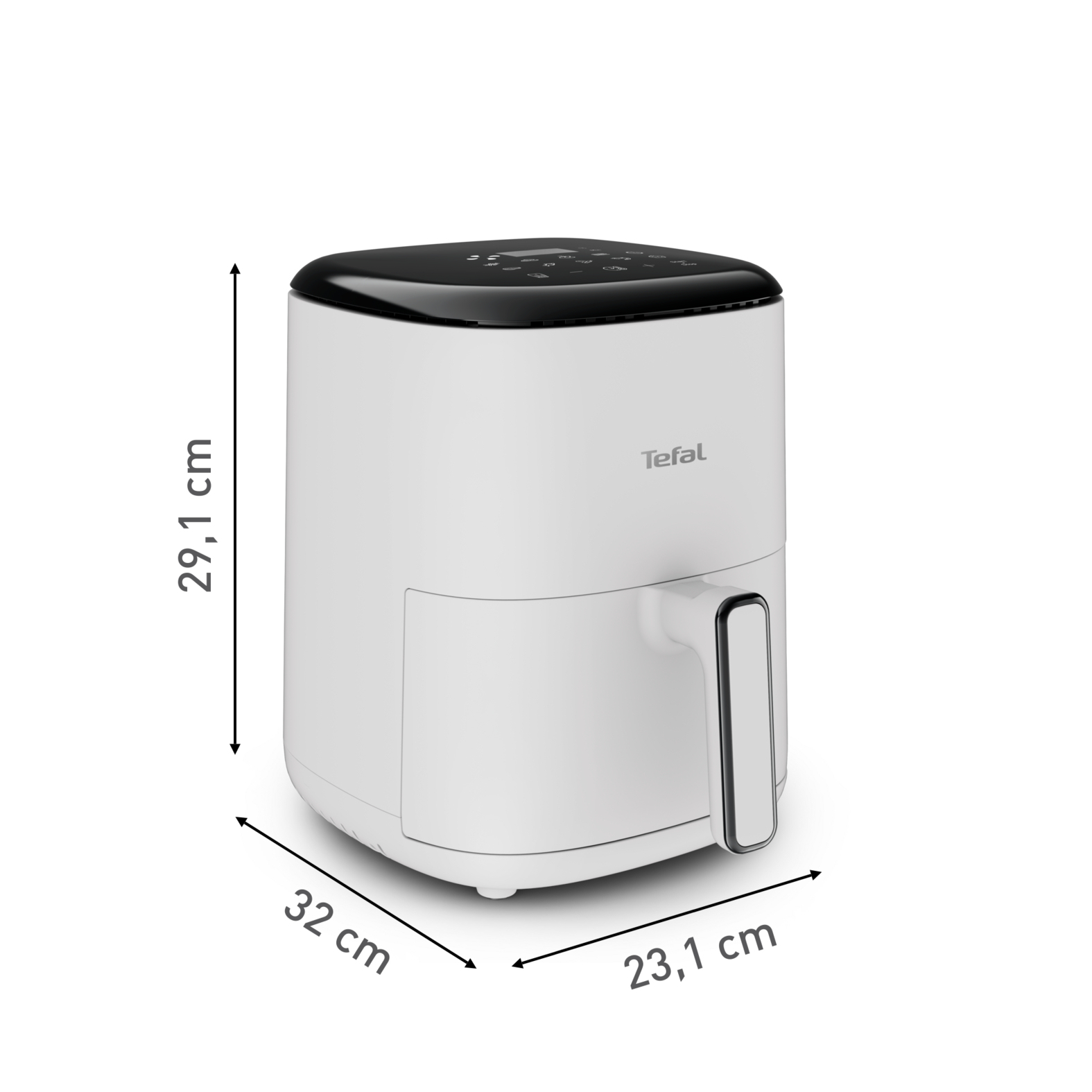Friggitrice ad aria bianca con dimensioni: altezza 29,1 cm, larghezza 32 cm, profondità 23,1 cm.