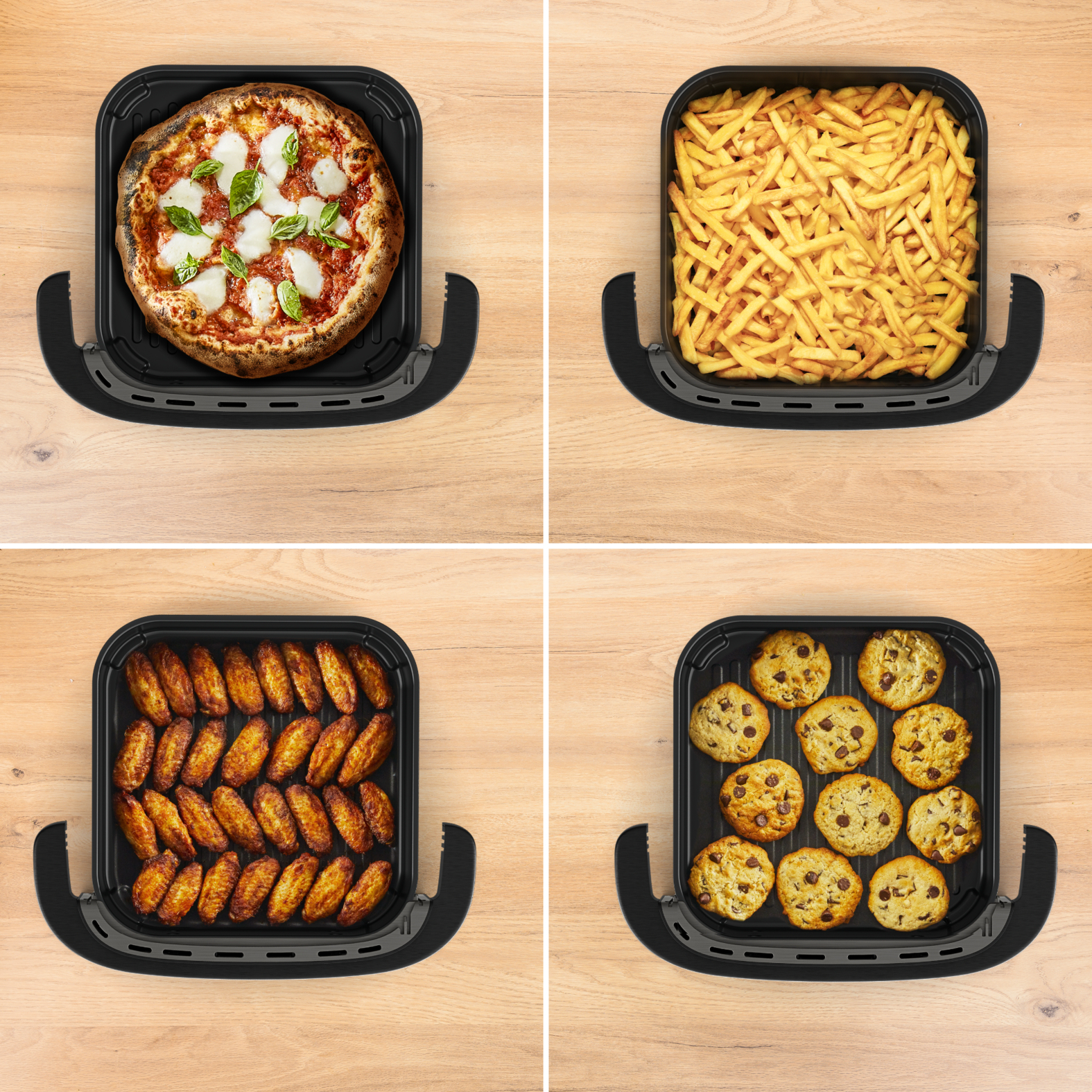 Cztery obrazy pokazujące potrawy gotowane we frytownicy powietrznej: pizza, frytki, skrzydełka i ciasteczka.
