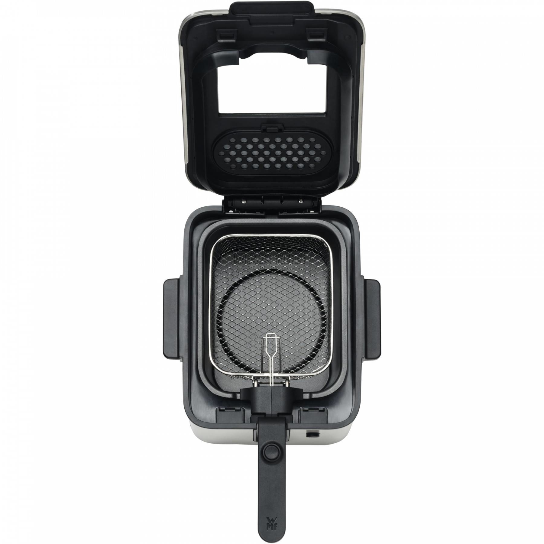 Widok z góry na frytkownicę z koszem w środku, otwartą. Frytkownica jest srebrna i czarna.