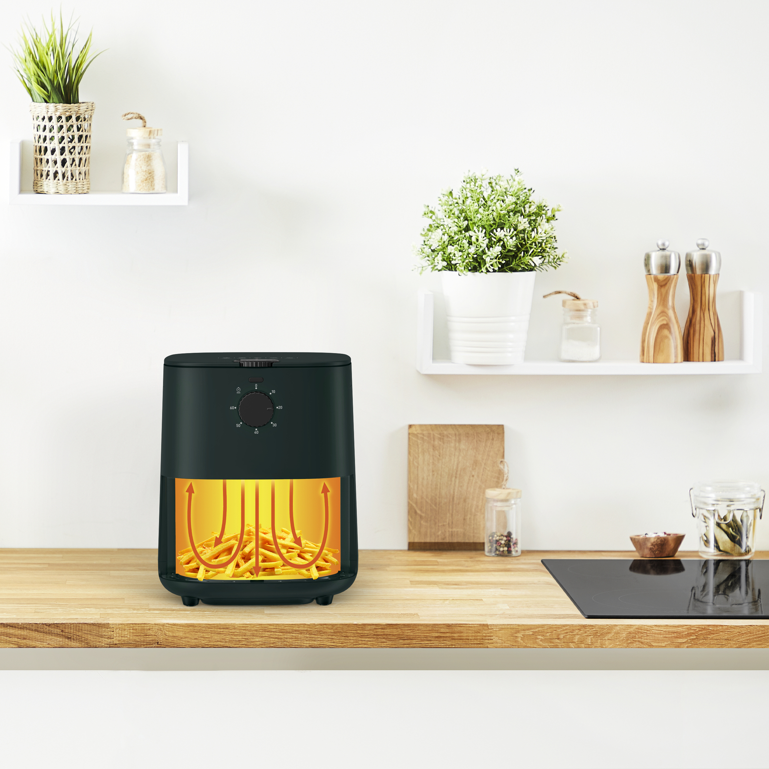 Una friggitrice ad aria con patatine fritte e onde di calore all'interno, su un bancone di legno.