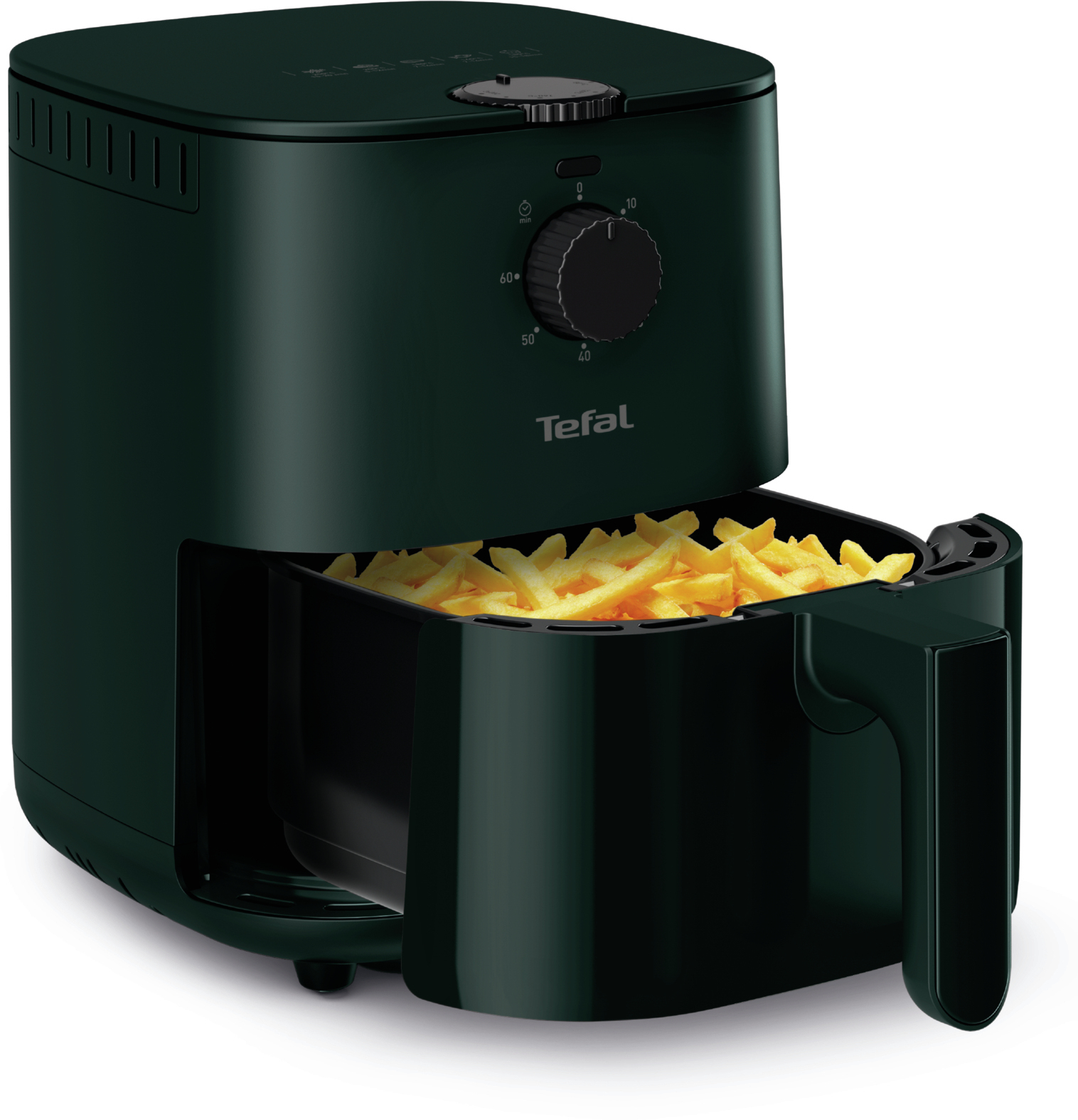 Friggitrice ad aria Tefal con patatine nel cestello, aperta. La friggitrice è verde scuro.