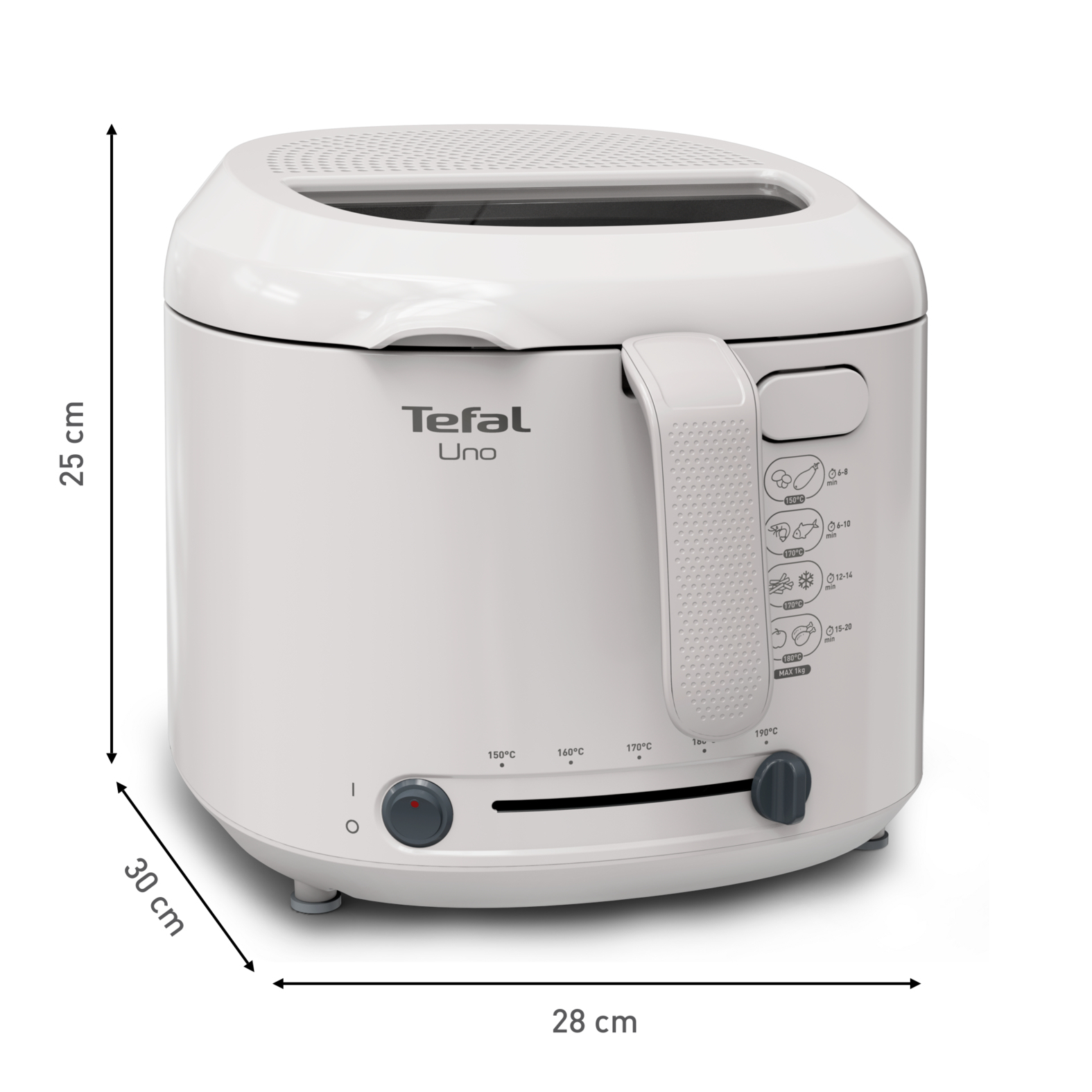 Una friggitrice Tefal Uno bianca con manico e quadranti di controllo. È larga 30 cm, alta 25 cm e profonda 28 cm.
