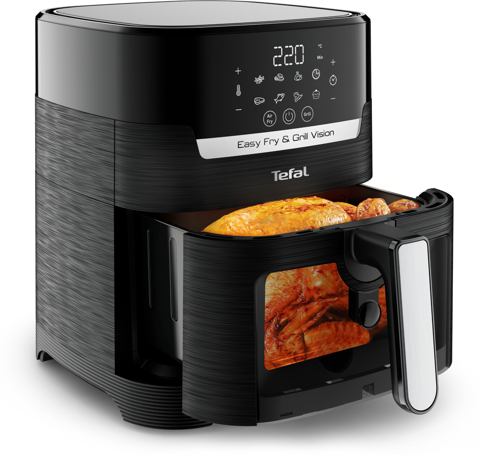 Eine schwarze Heißluftfritteuse mit dem Label Easy Fry & Grill Vision. Sie hat ein Digitaldisplay und einen Korb mit Essen.