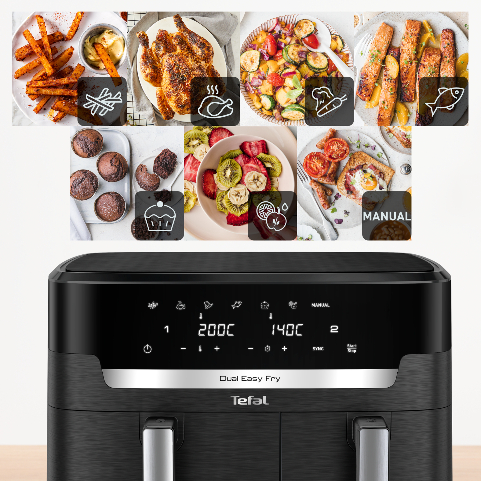 Una freidora de aire negra con pantalla digital, una variedad de platos cocinados e iconos que indican funciones de cocción.