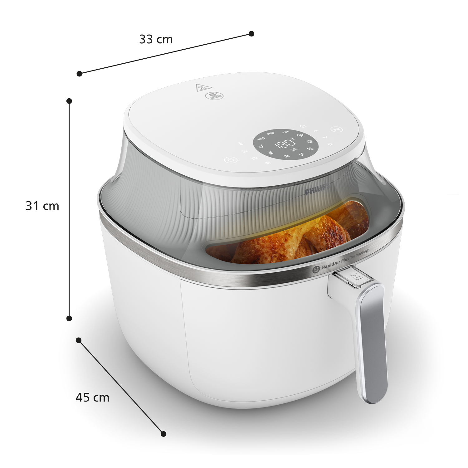 Biała frytkownica powietrzna z wymiarami. Pieczony kurczak w środku. Ma uchwyt i cyfrowy wyświetlacz. Tło jest białe.