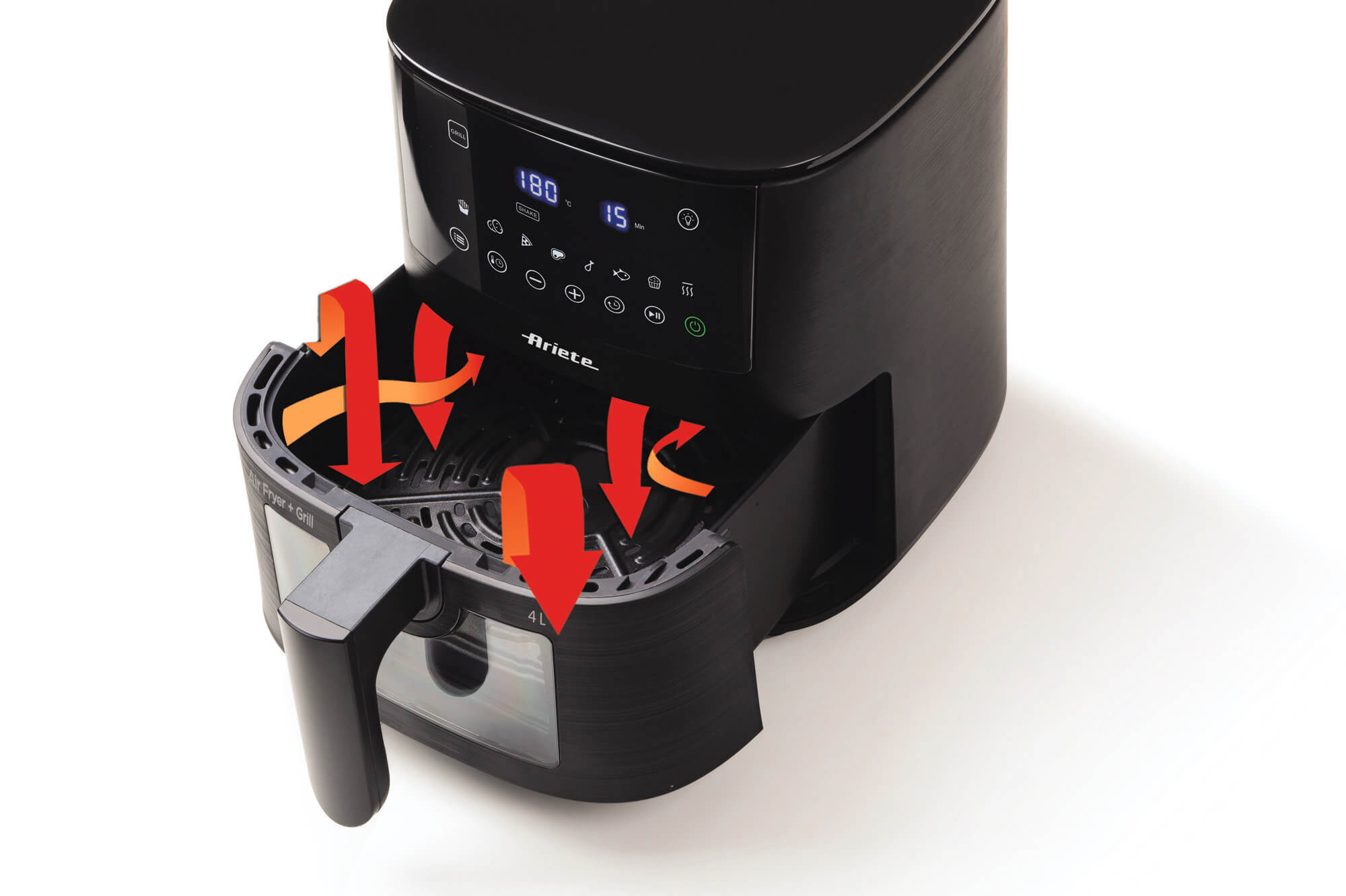 Czarna frytownica powietrzna z otwartym koszem. Strzałki wskazują kierunek przepływu powietrza.