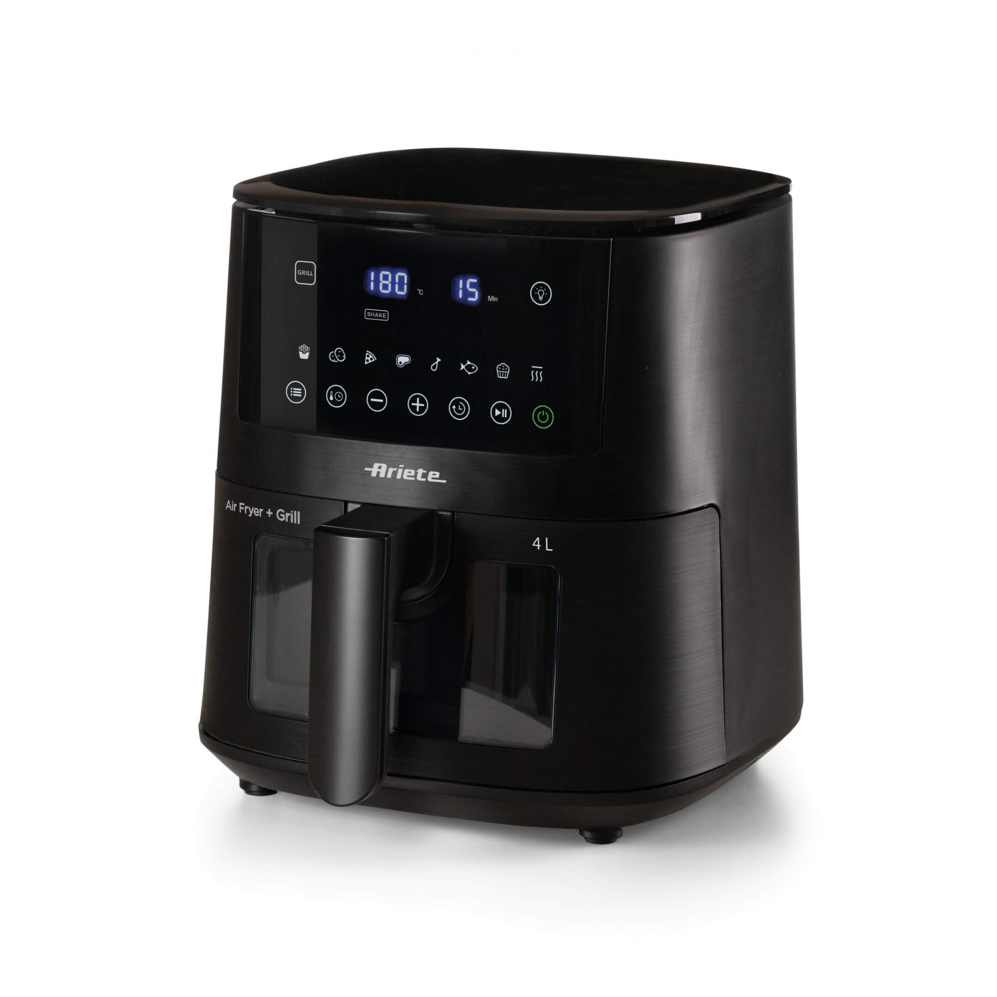 Czarna frytownica powietrzna z cyfrowym wyświetlaczem i panelem sterowania, widok z boku.