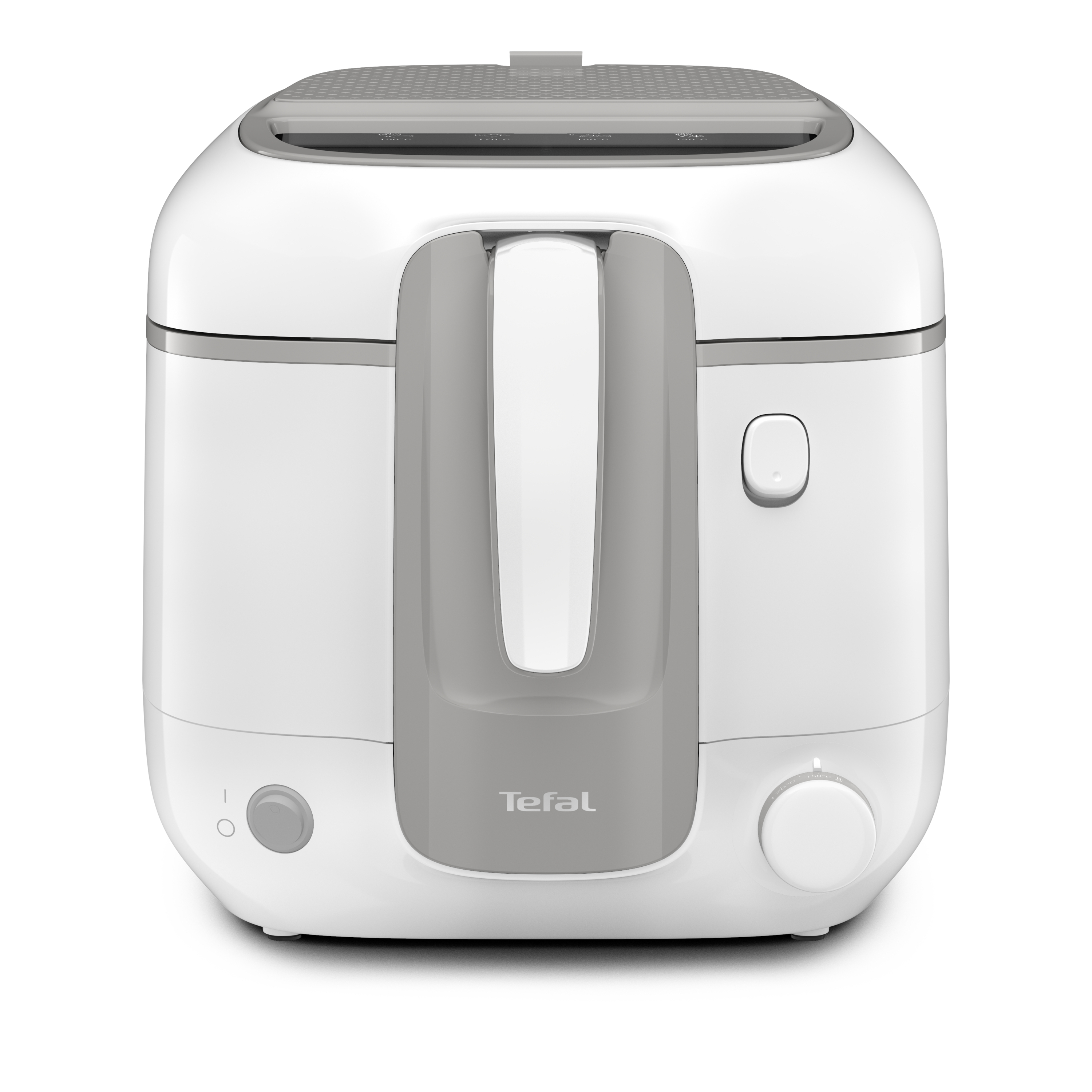 Freidora Tefal blanca, vista frontal. Acentos grises, fondo blanco.