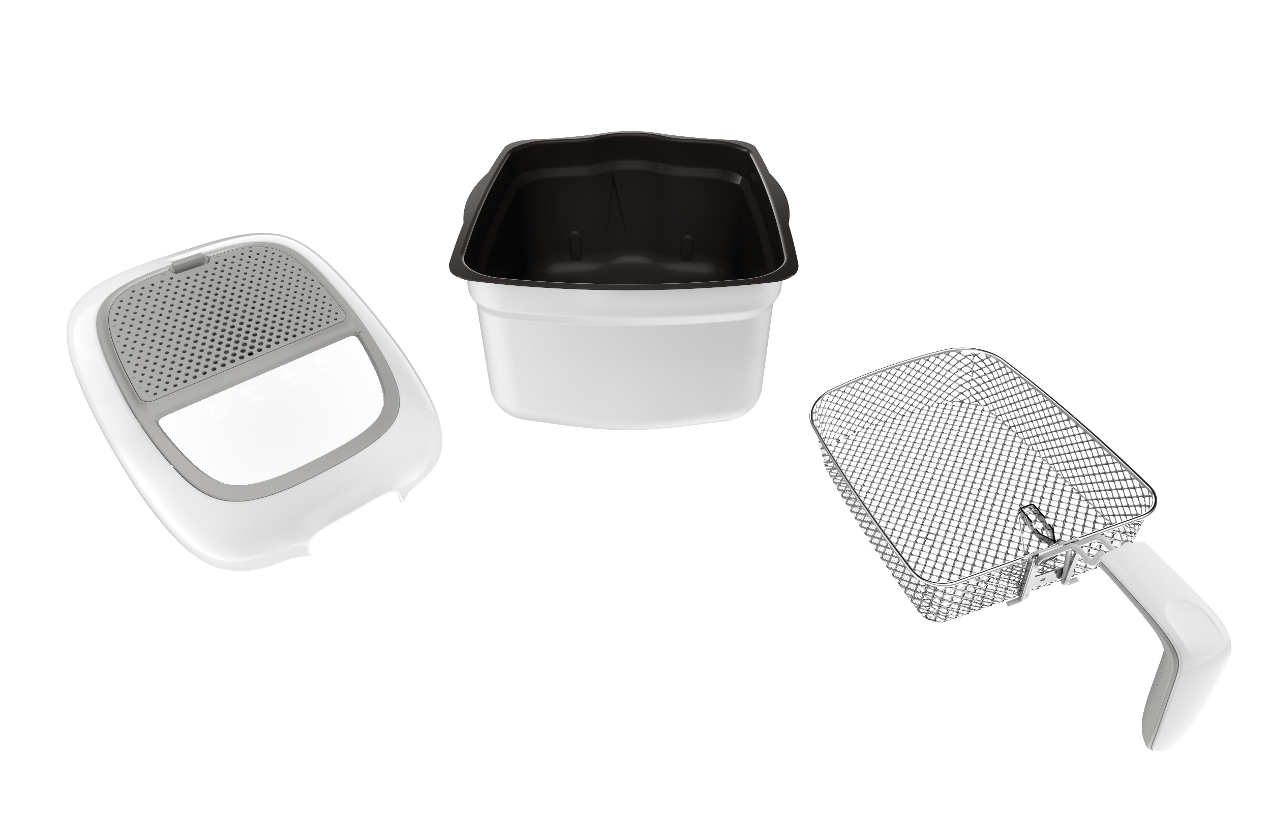 Componentes de freidora: tapa, cesta, recipiente. Fondo blanco.