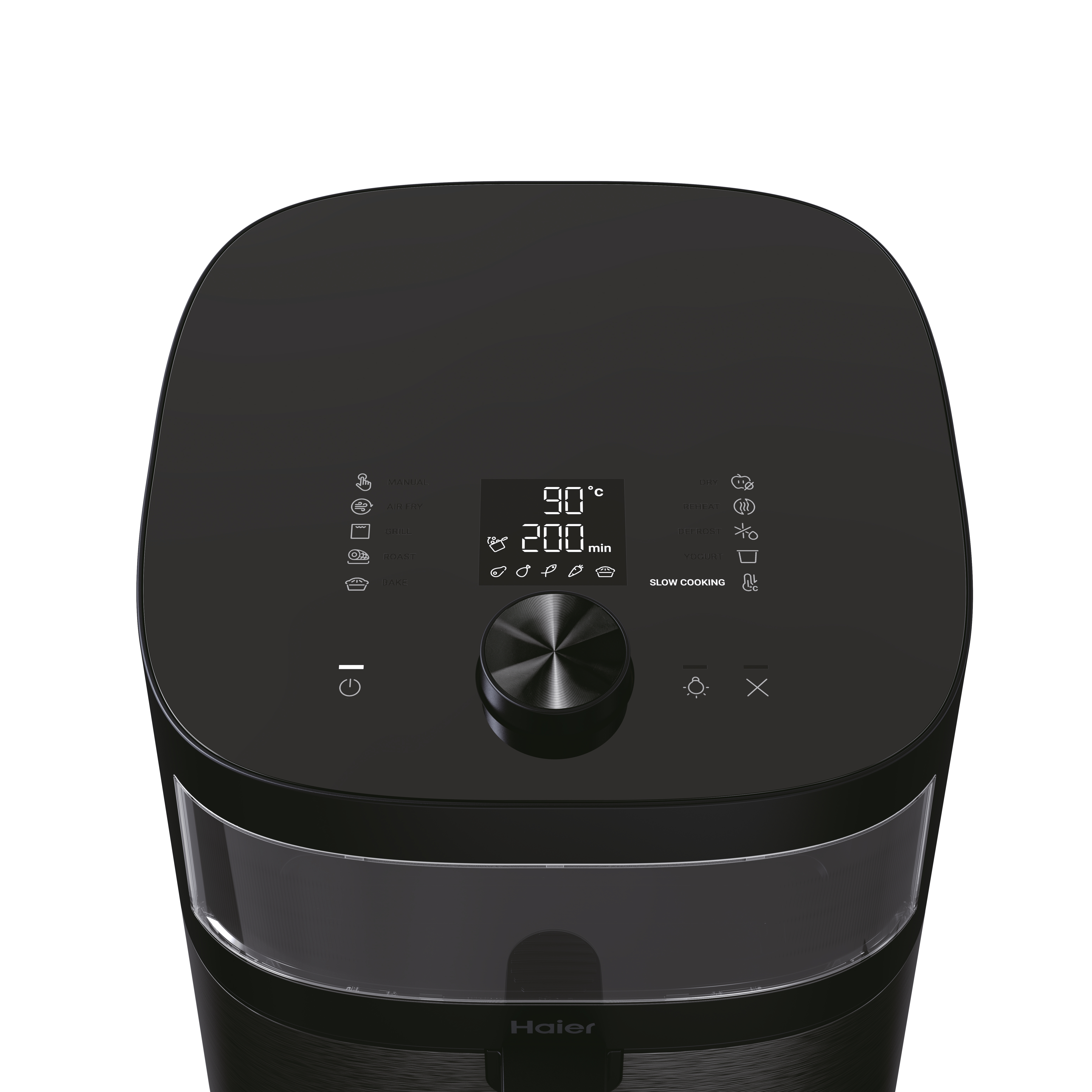 Primo piano della parte superiore di una friggitrice ad aria Haier nera. Ha un display digitale, una manopola e icone.