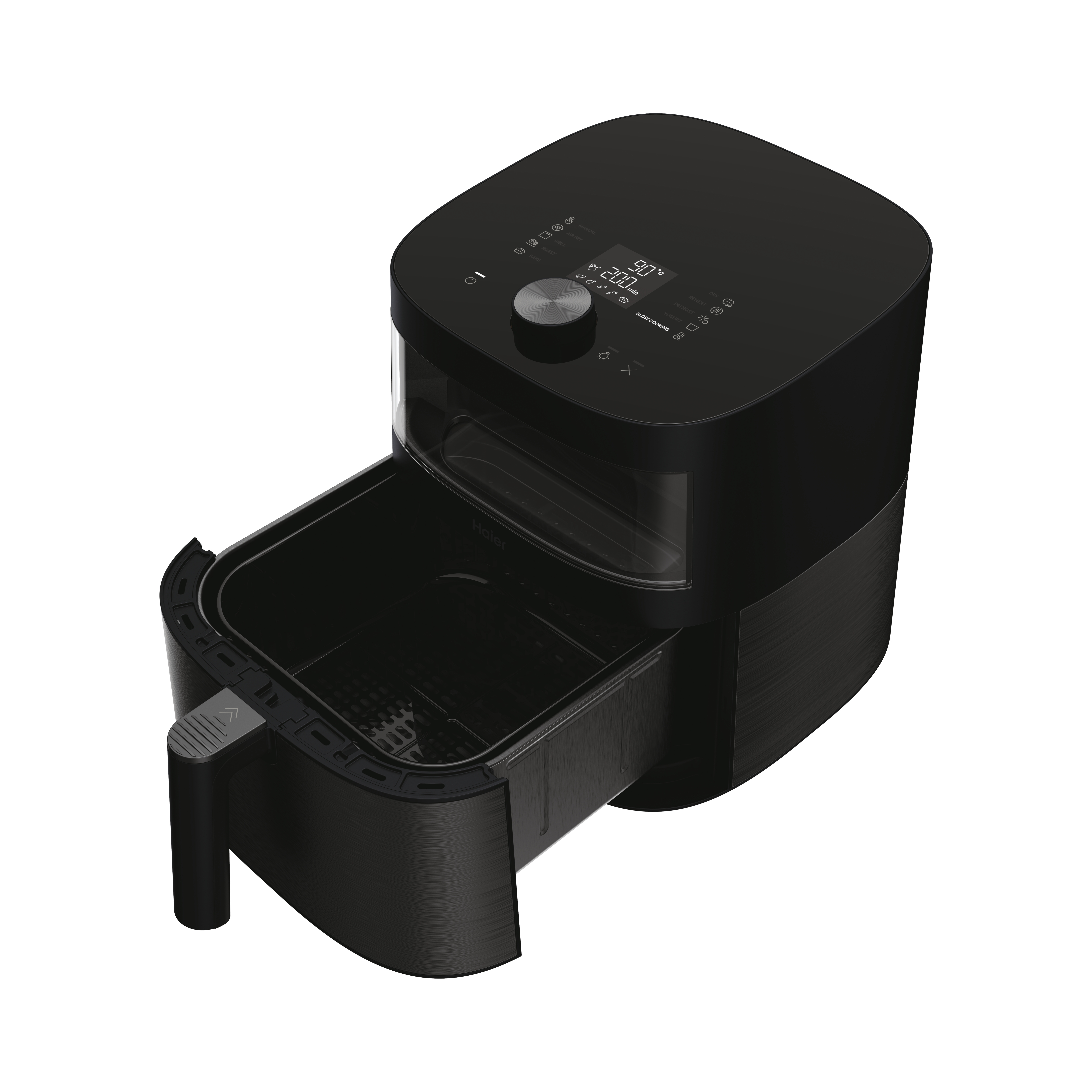 Una friggitrice ad aria nera con il cassetto aperto. Un cestello è all'interno. Sfondo bianco.