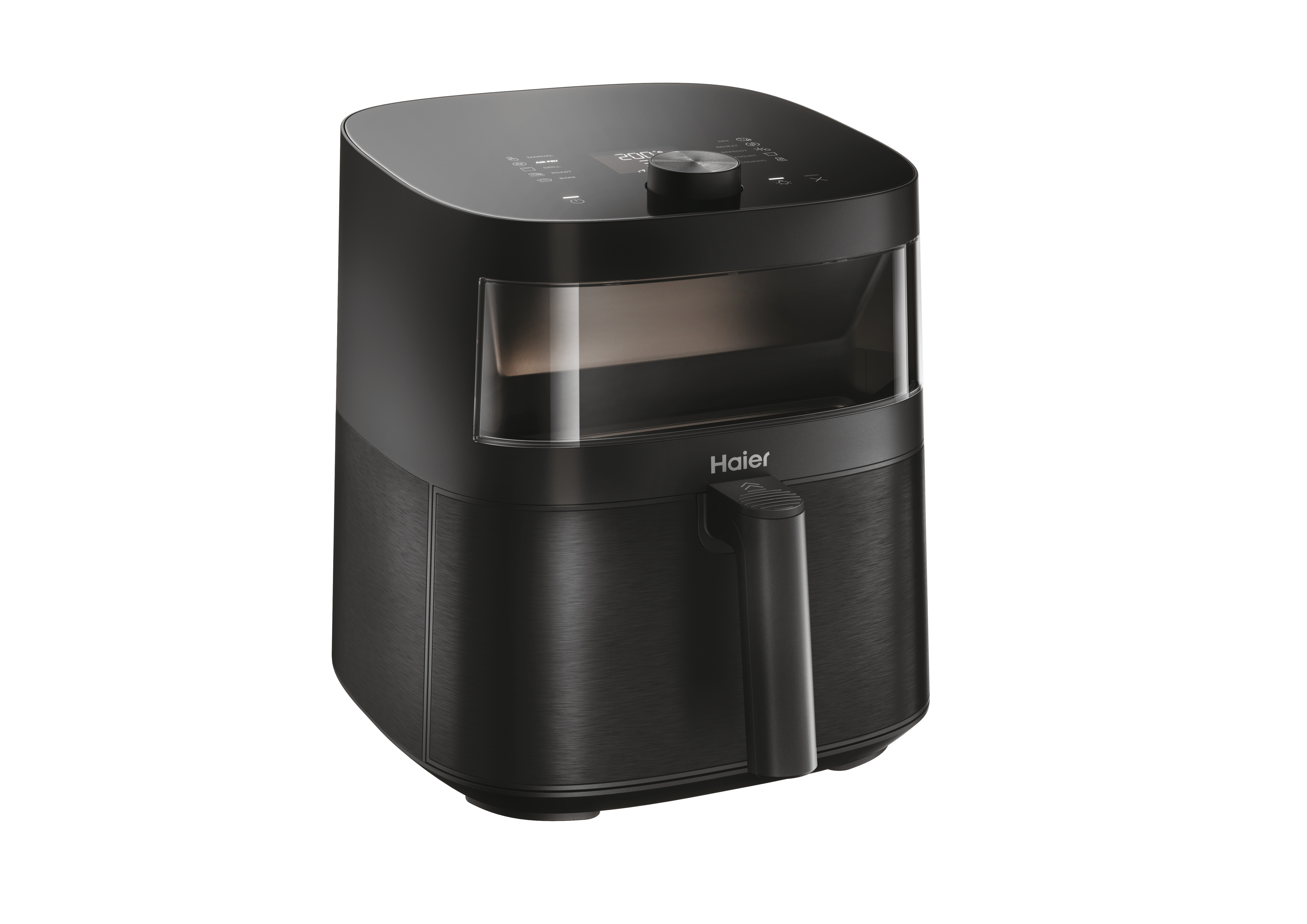 Friggitrice ad aria nera con finestra trasparente, su un bancone bianco. Ambiente cucina moderno.