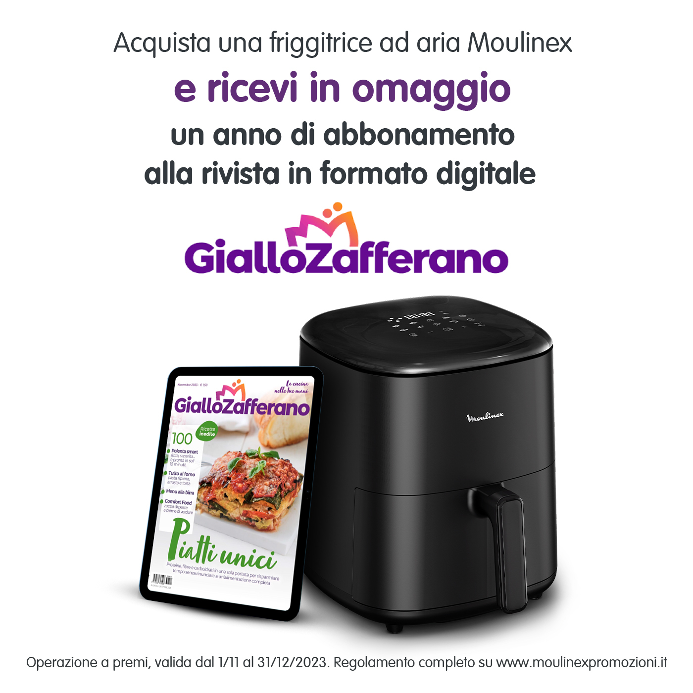 Obraz promocyjny z frytownicą Moulinex, tabletem i tekstem po włosku o ofercie prezentowej.