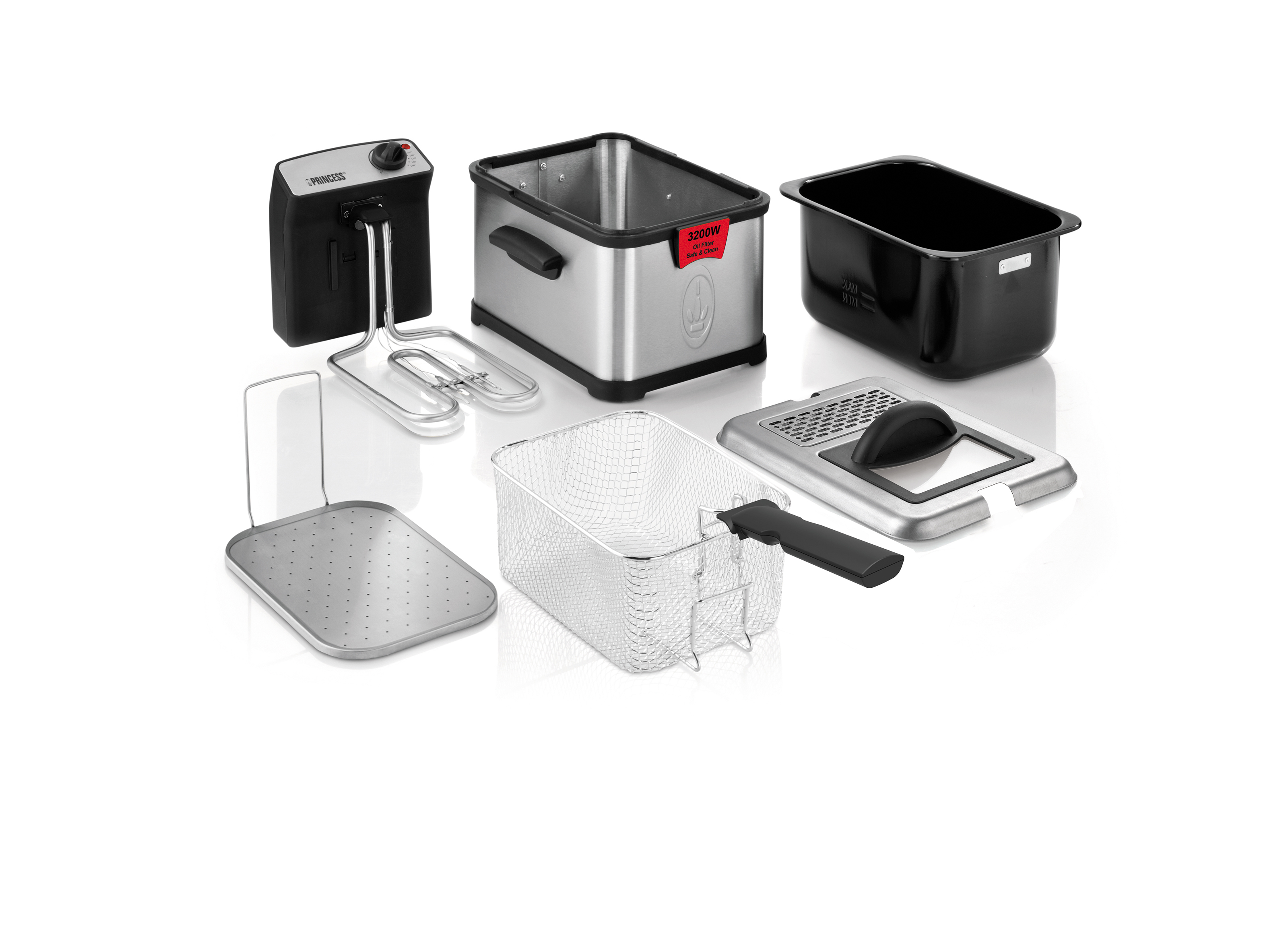 Wyświetlane są różne elementy frytownicy, w tym kosz, element grzejny i pokrywa.