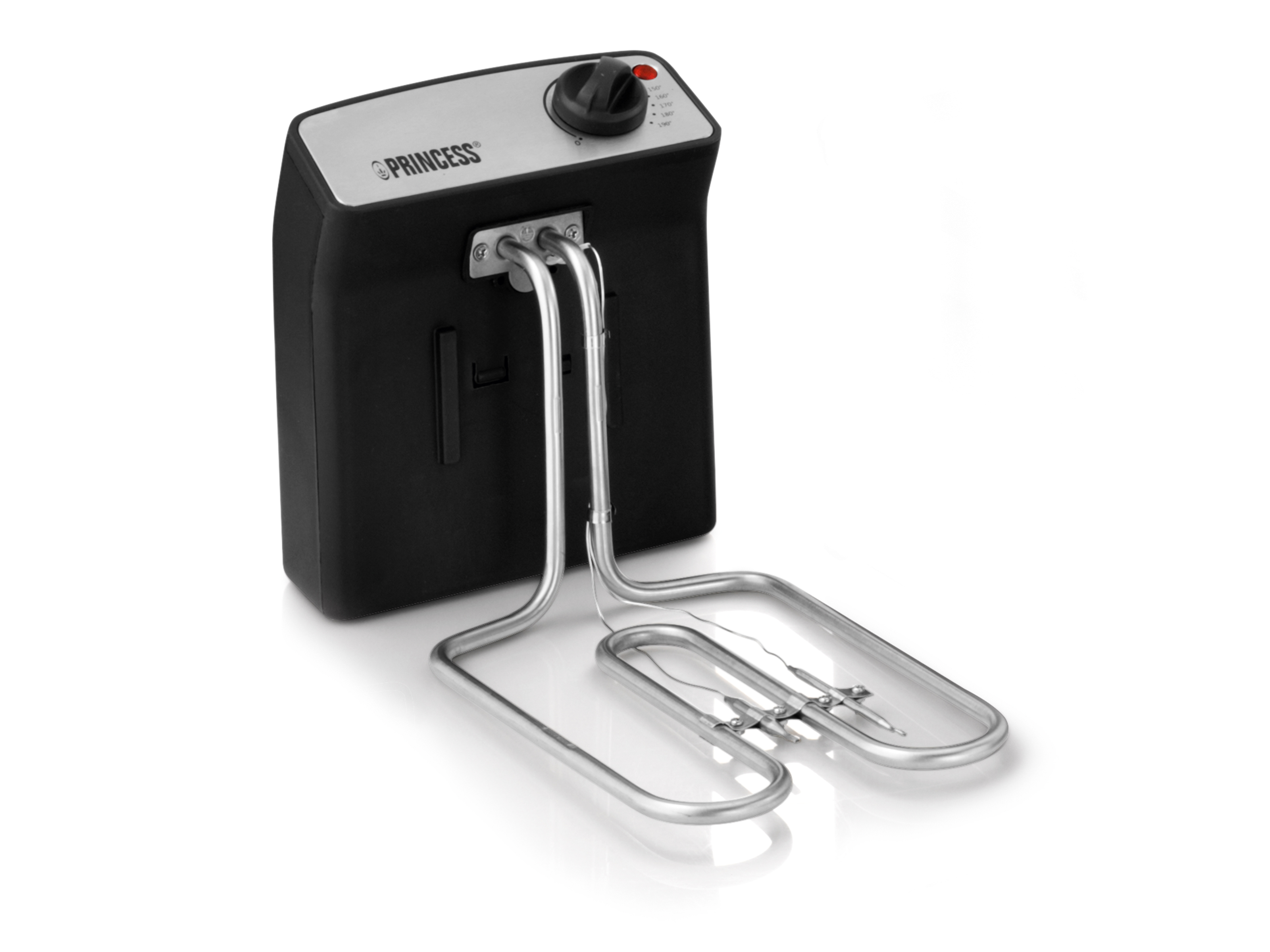 Czarna i srebrna frytkownica z srebrnym koszem na białym tle.