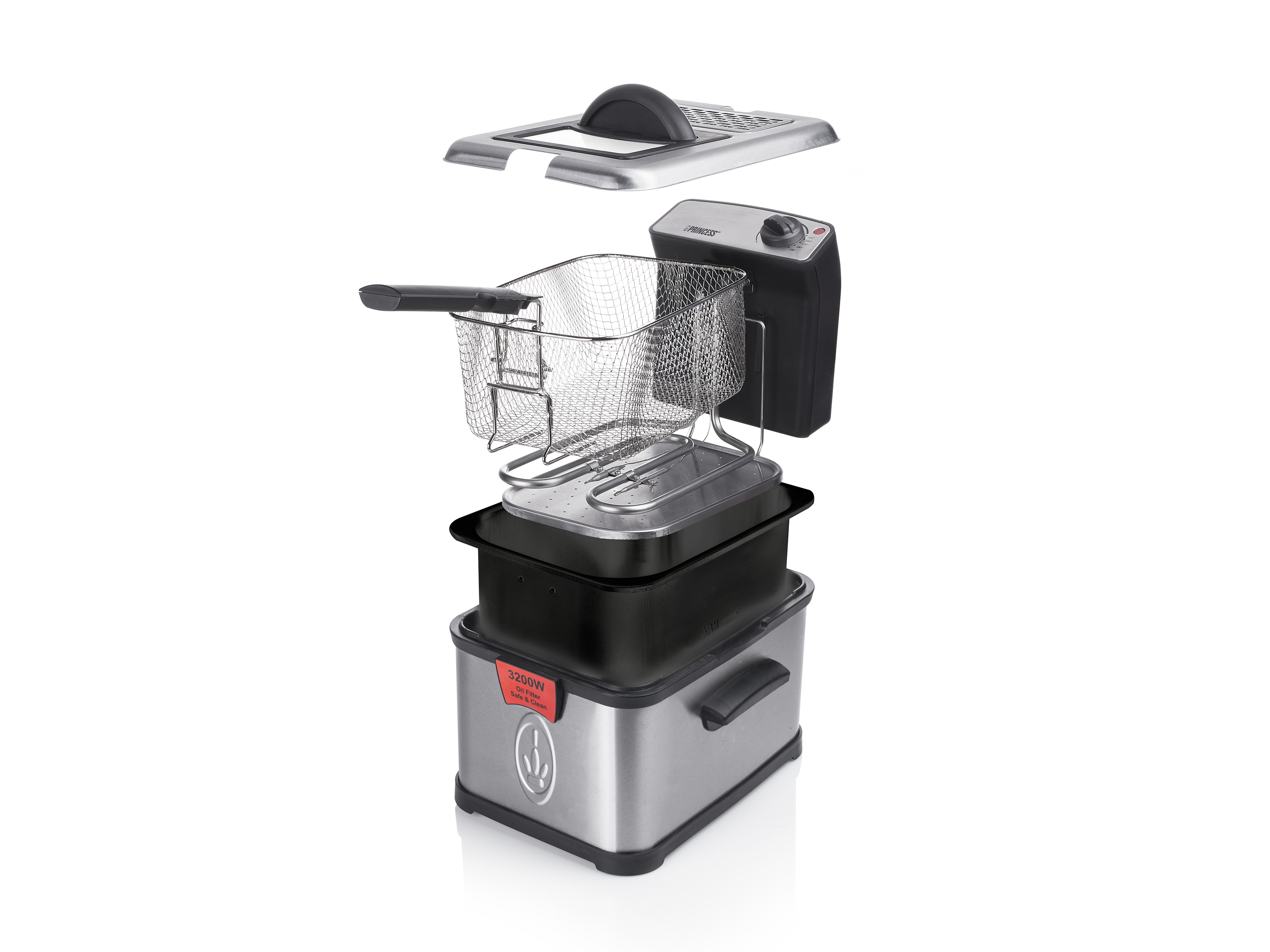 Elementy frytkownicy. Od góry: pokrywa, kosz i podstawa. Czerwona etykieta: '3200W Filtr oleju Bezpieczny i czysty'.