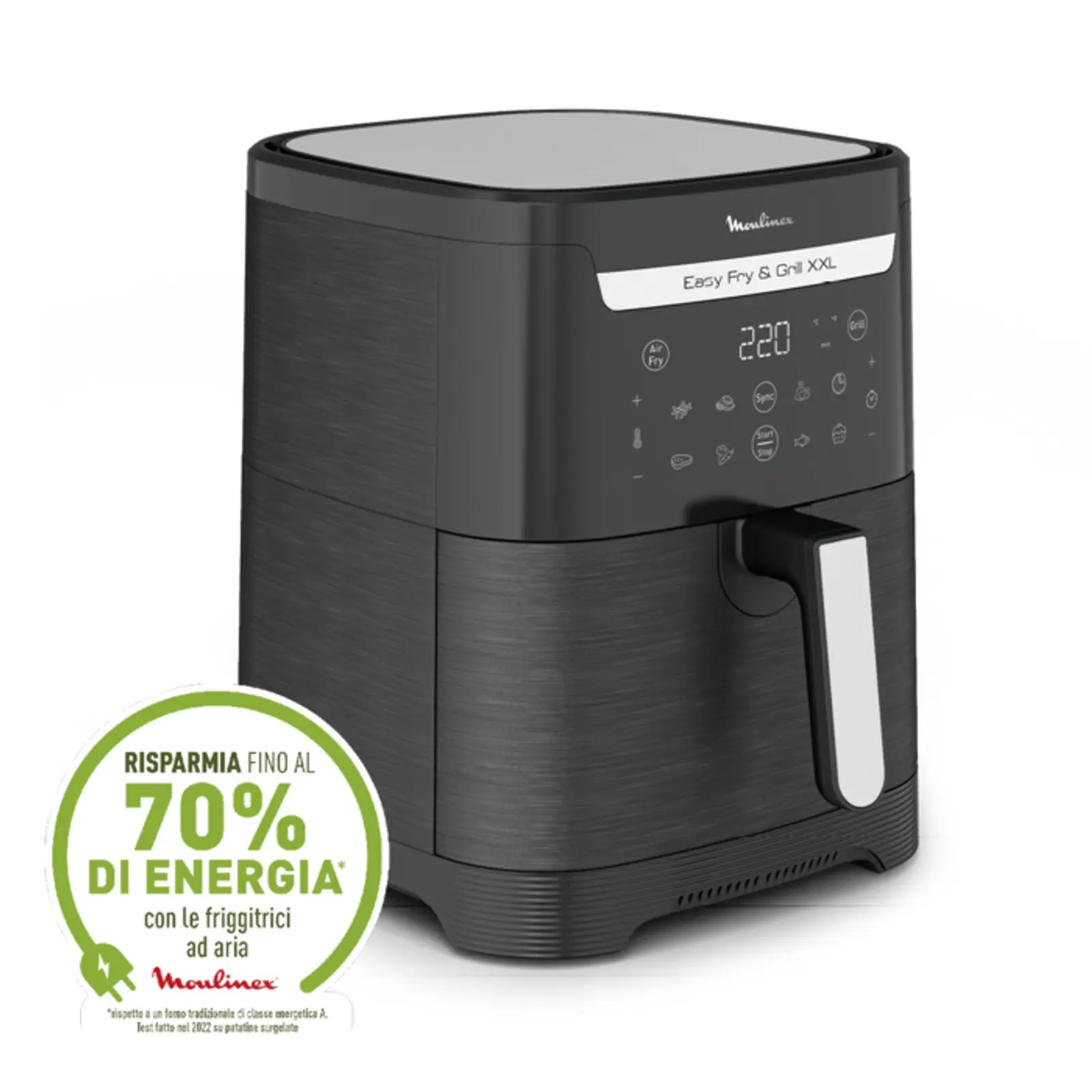 Czarna frytownica powietrzna z informacjami o oszczędzaniu energii. Tekst 'RISPARMIA FINO AL 70%' na zielonym kole.