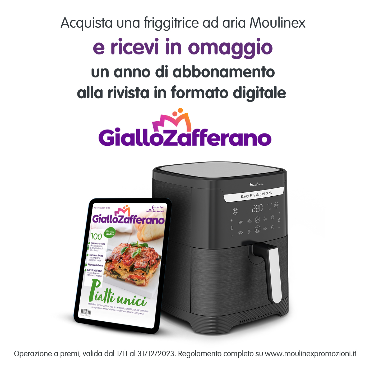 Czarna frytownica powietrzna i magazyn. Tekst w języku włoskim o ofercie w tle.