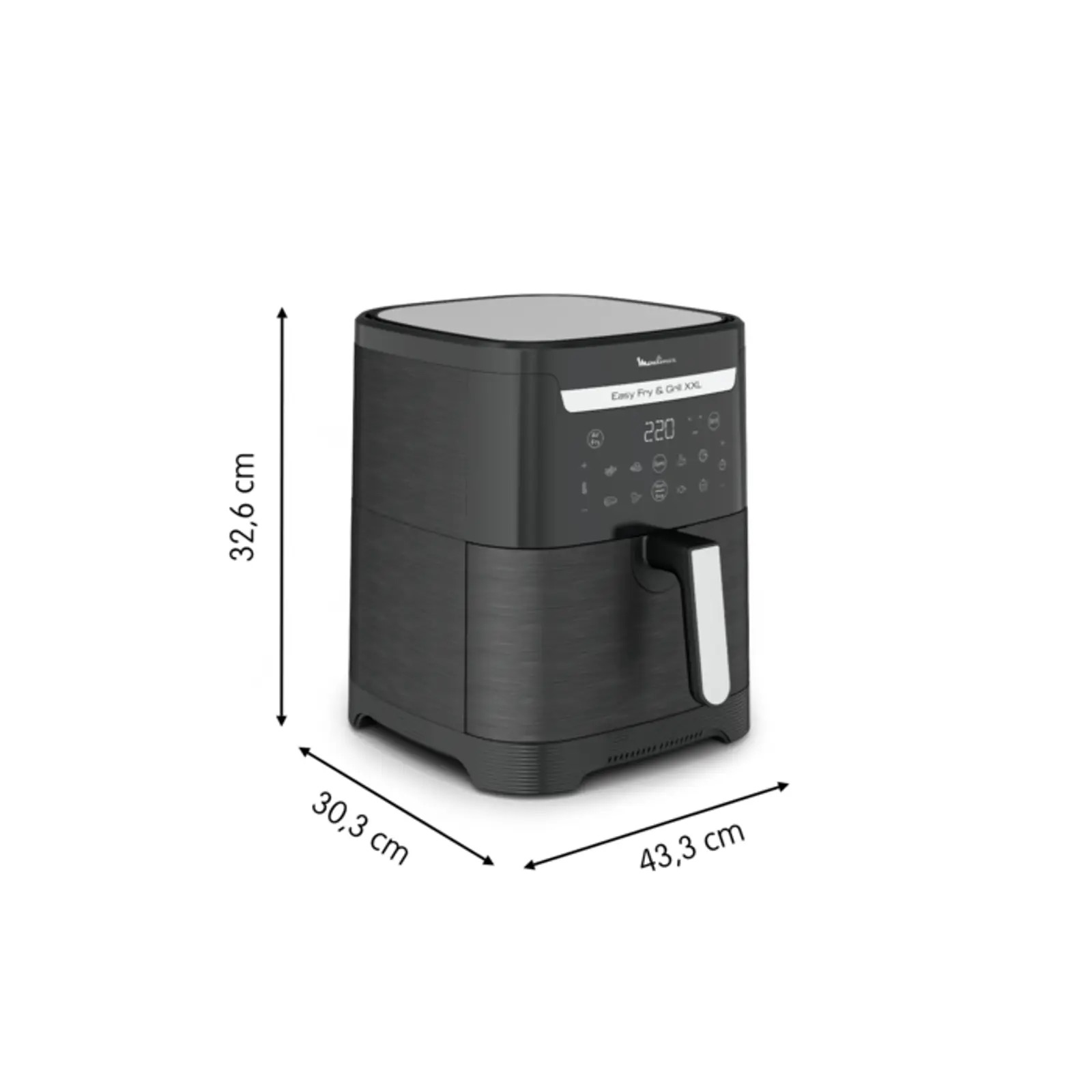 Czarna frytownica powietrzna z cyfrowym wyświetlaczem. Wymiary: 32,6 cm wysokości, 30,3 cm szerokości i 43,3 cm długości.