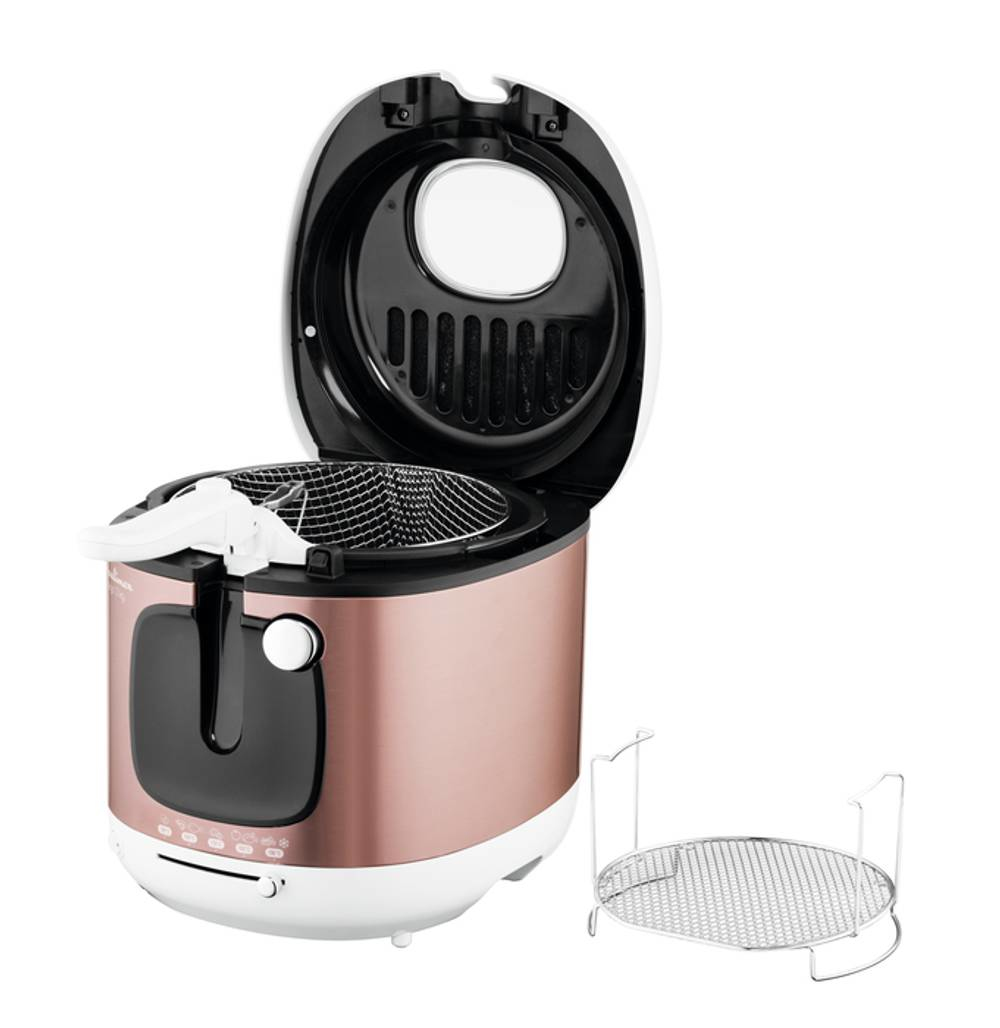 Różowo-złota frytkownica z otwartą pokrywą i oddzielnym rusztem. Białe tło.