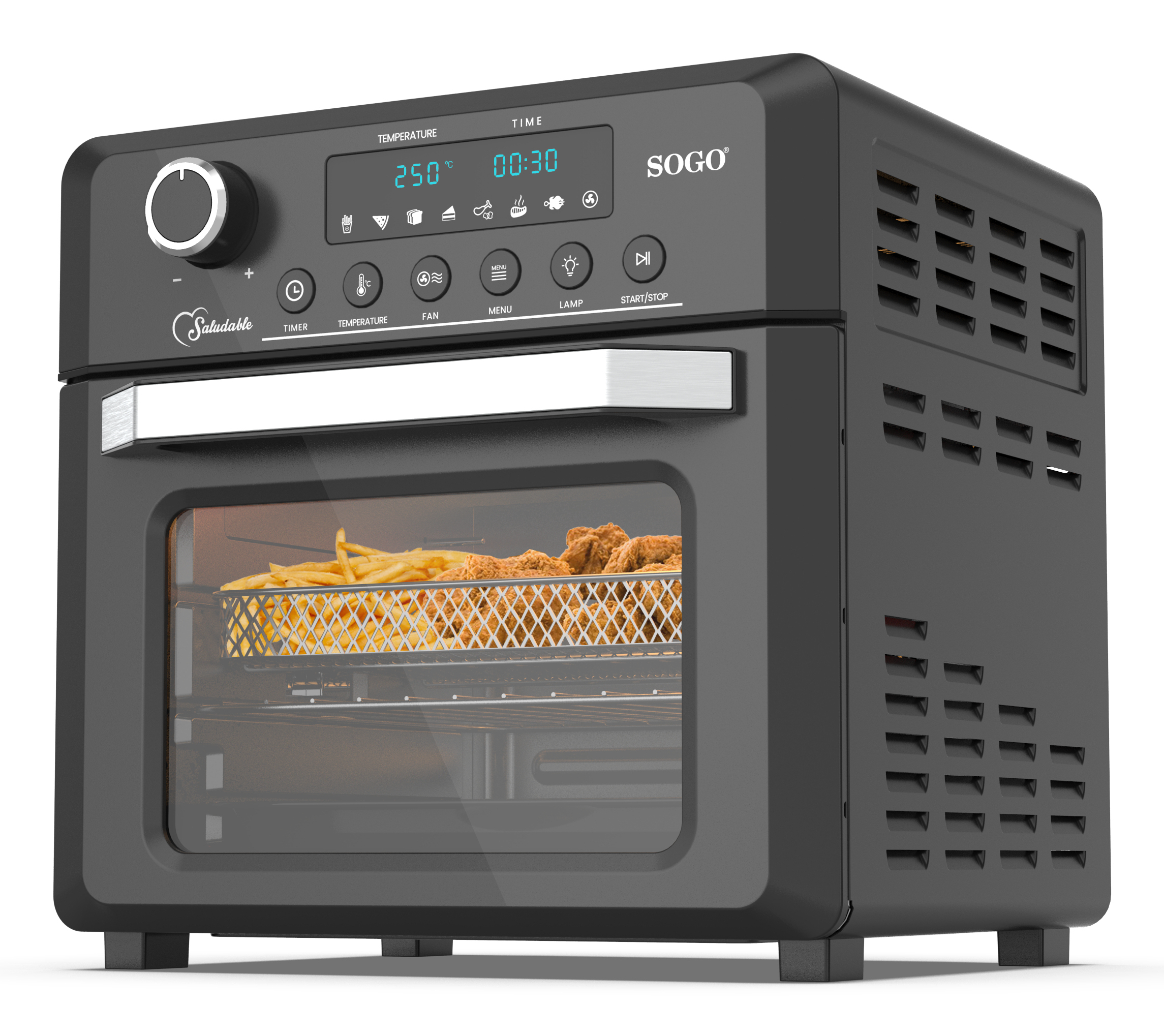 Forno friggitrice ad aria nera con patatine e pollo. Display digitale con temperatura e tempo.