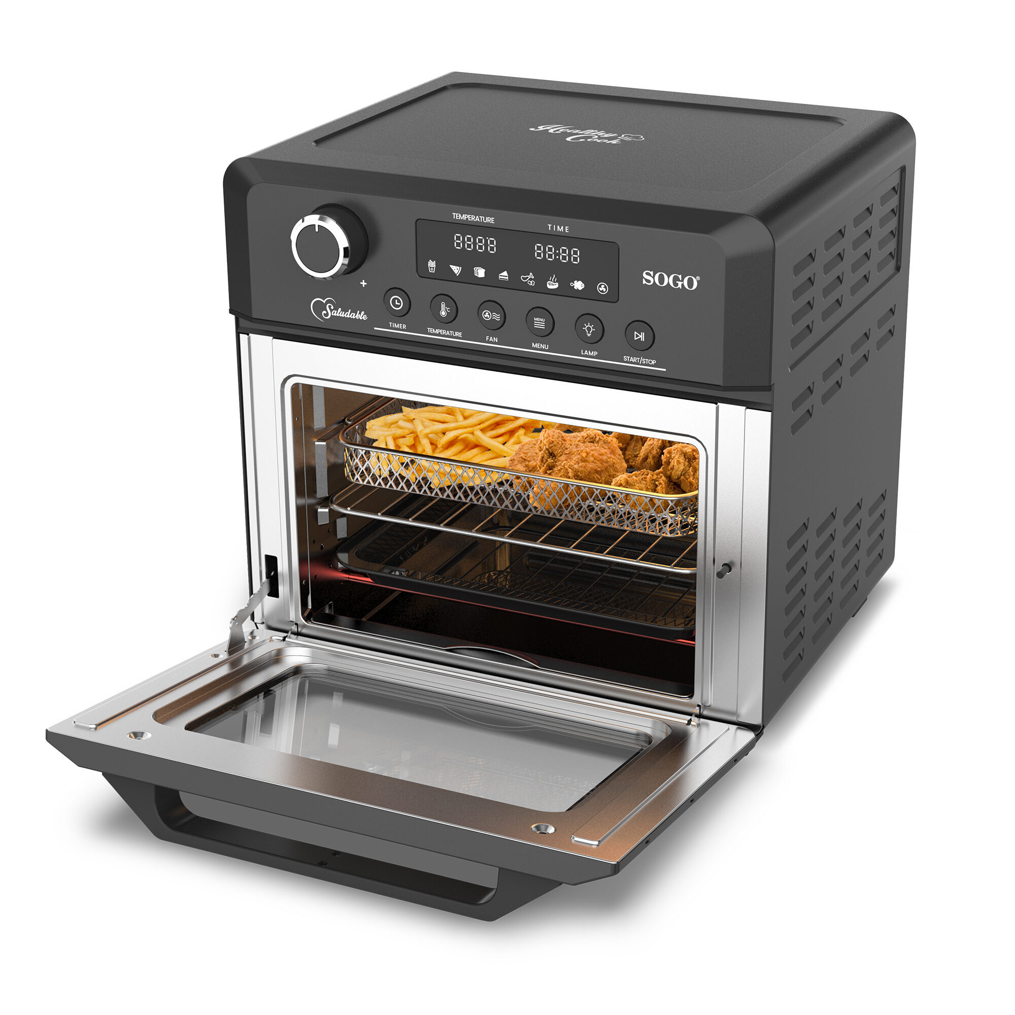 Friggitrice ad aria nera con la porta aperta. Contiene patatine fritte e pepite di pollo.