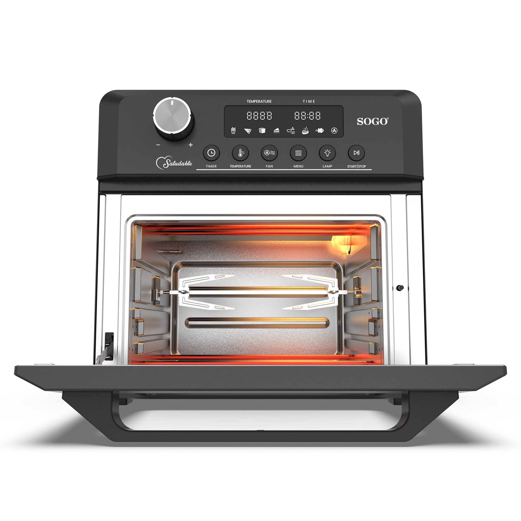 Forno friggitrice ad aria nero con porta aperta. Interno con griglia. Comandi digitali in alto.